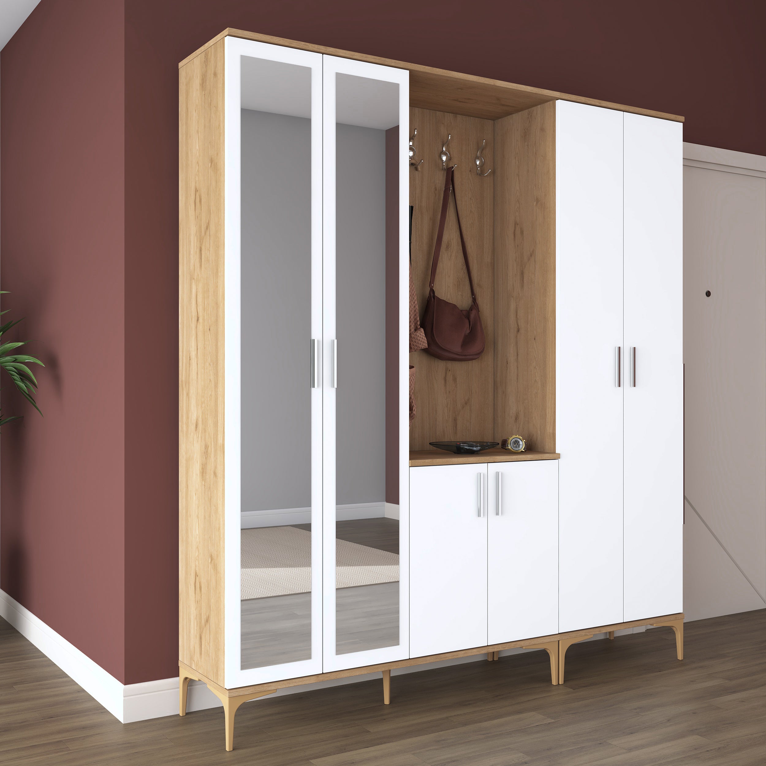 Rani EA156 aynalı raflı askılı portmanto ayakkabılık vestiyer sepet ceviz beyaz