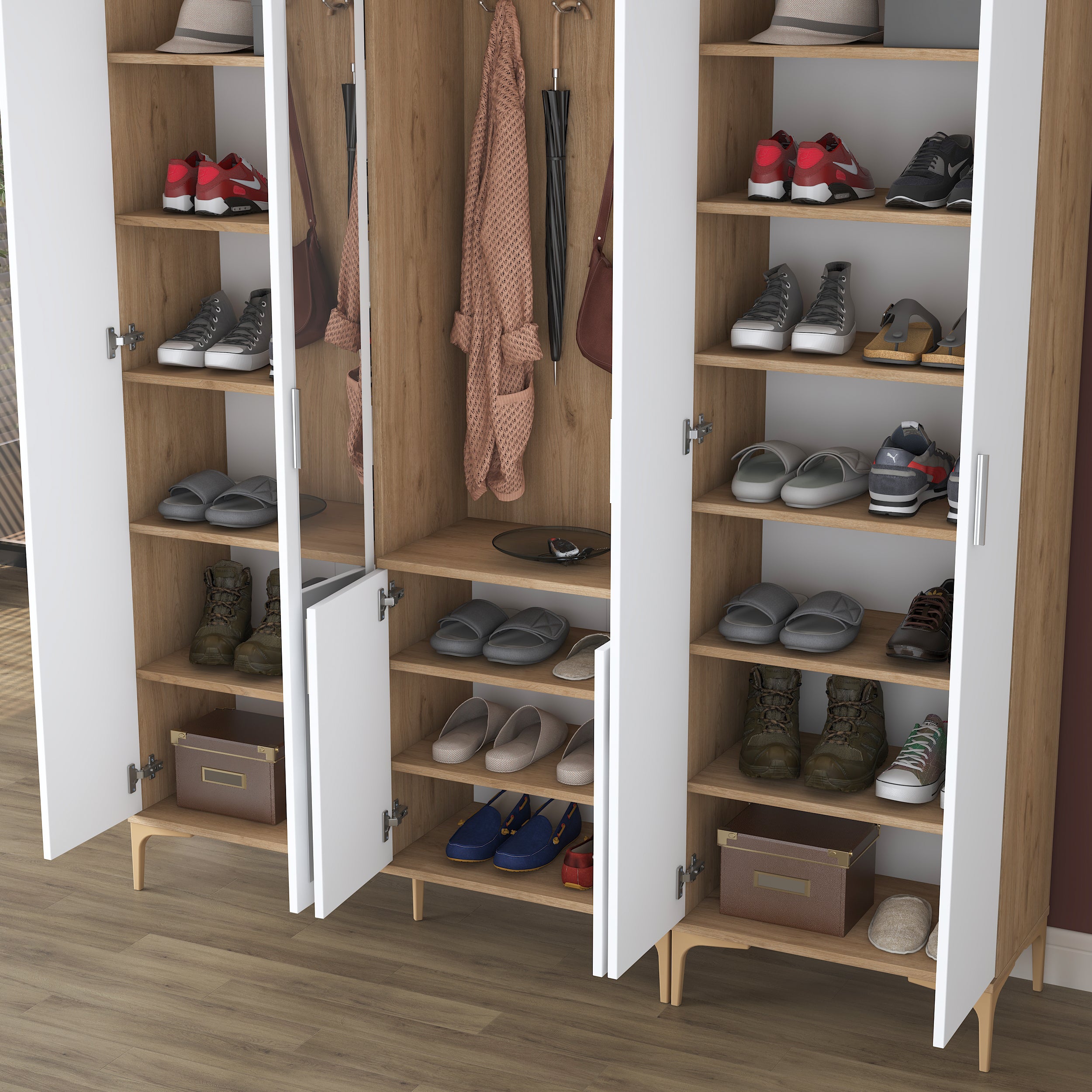 Rani EA156 aynalı raflı askılı portmanto ayakkabılık vestiyer sepet ceviz beyaz