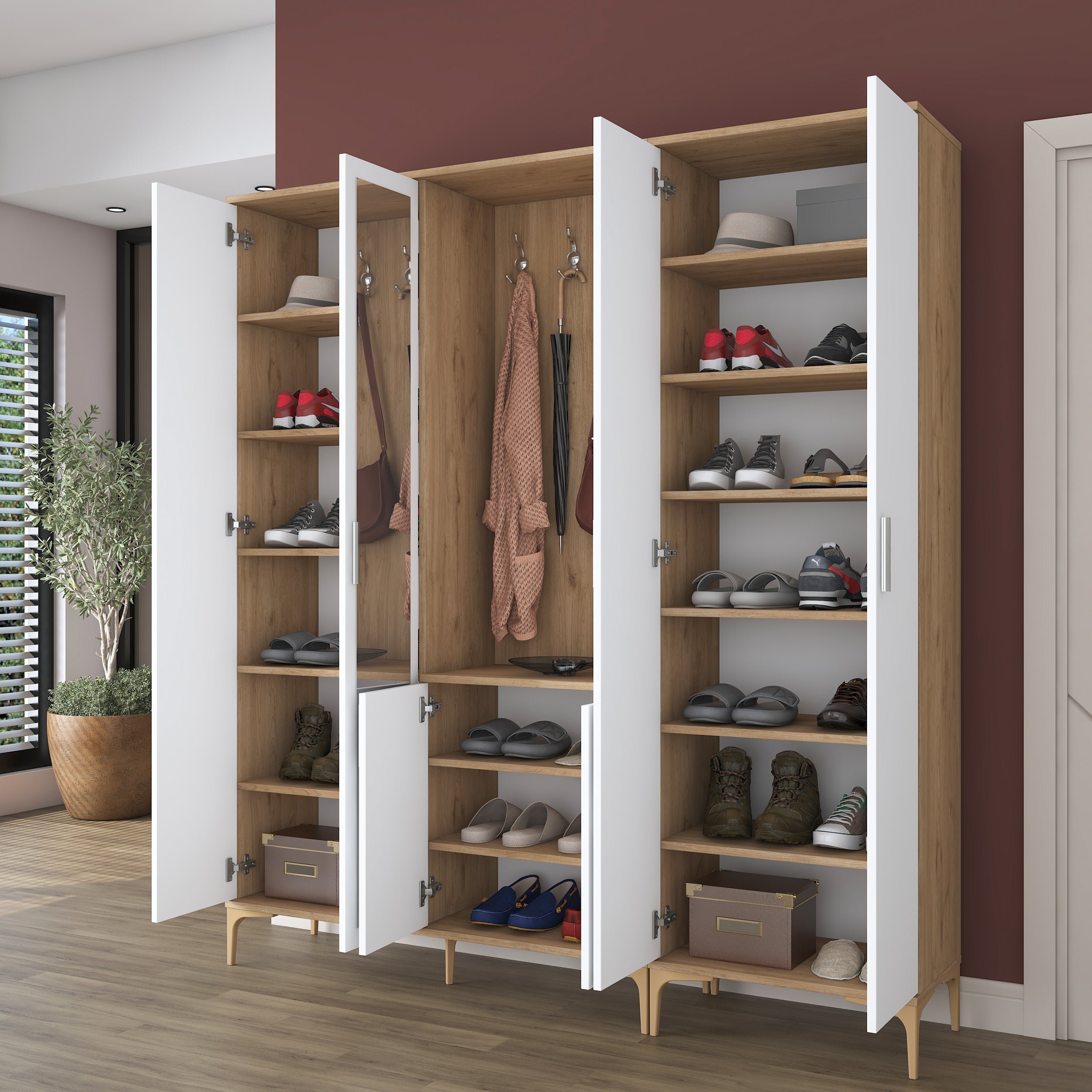 Rani EA156 aynalı raflı askılı portmanto ayakkabılık vestiyer sepet ceviz beyaz