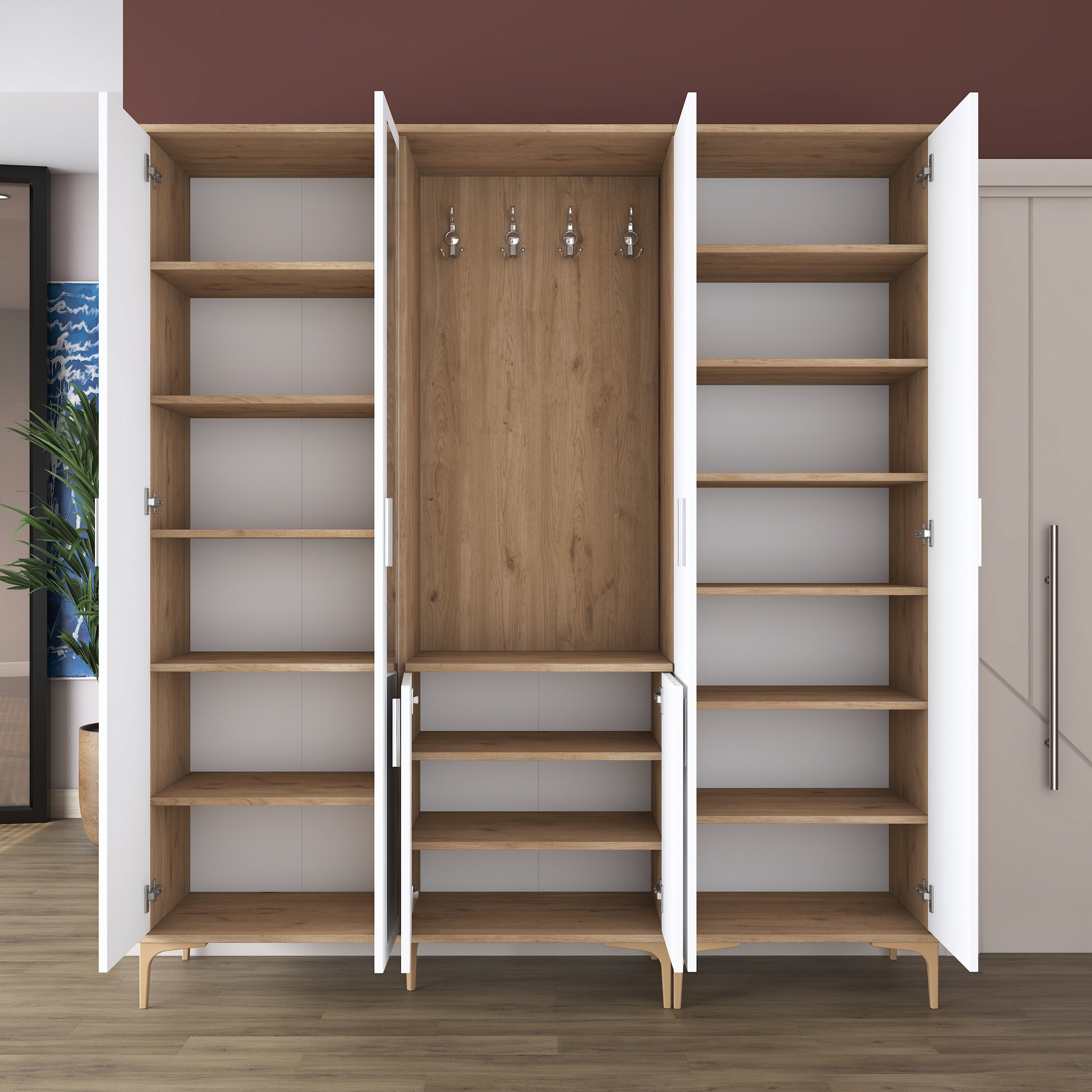 Rani EA156 aynalı raflı askılı portmanto ayakkabılık vestiyer sepet ceviz beyaz