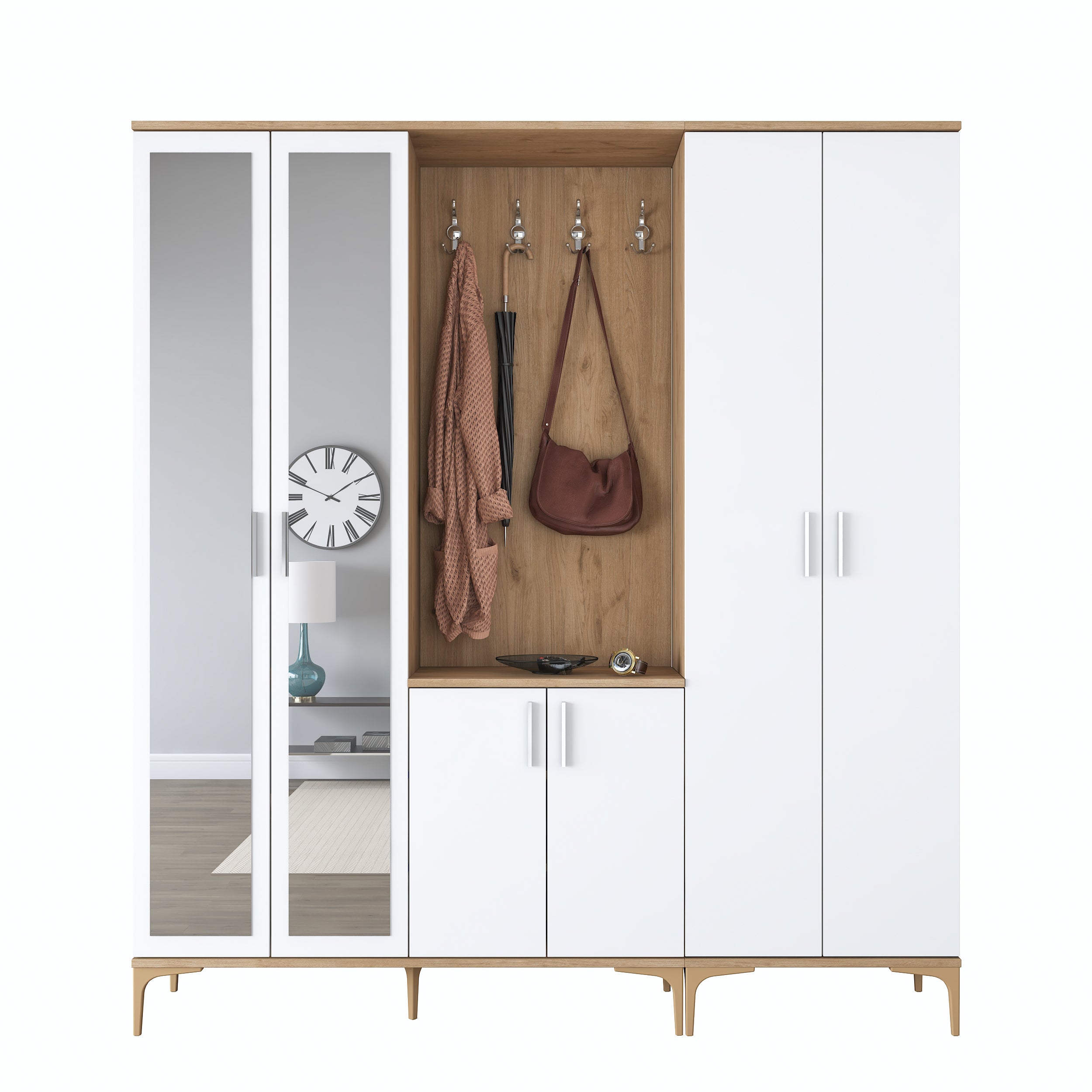 Rani EA156 aynalı raflı askılı portmanto ayakkabılık vestiyer sepet ceviz beyaz