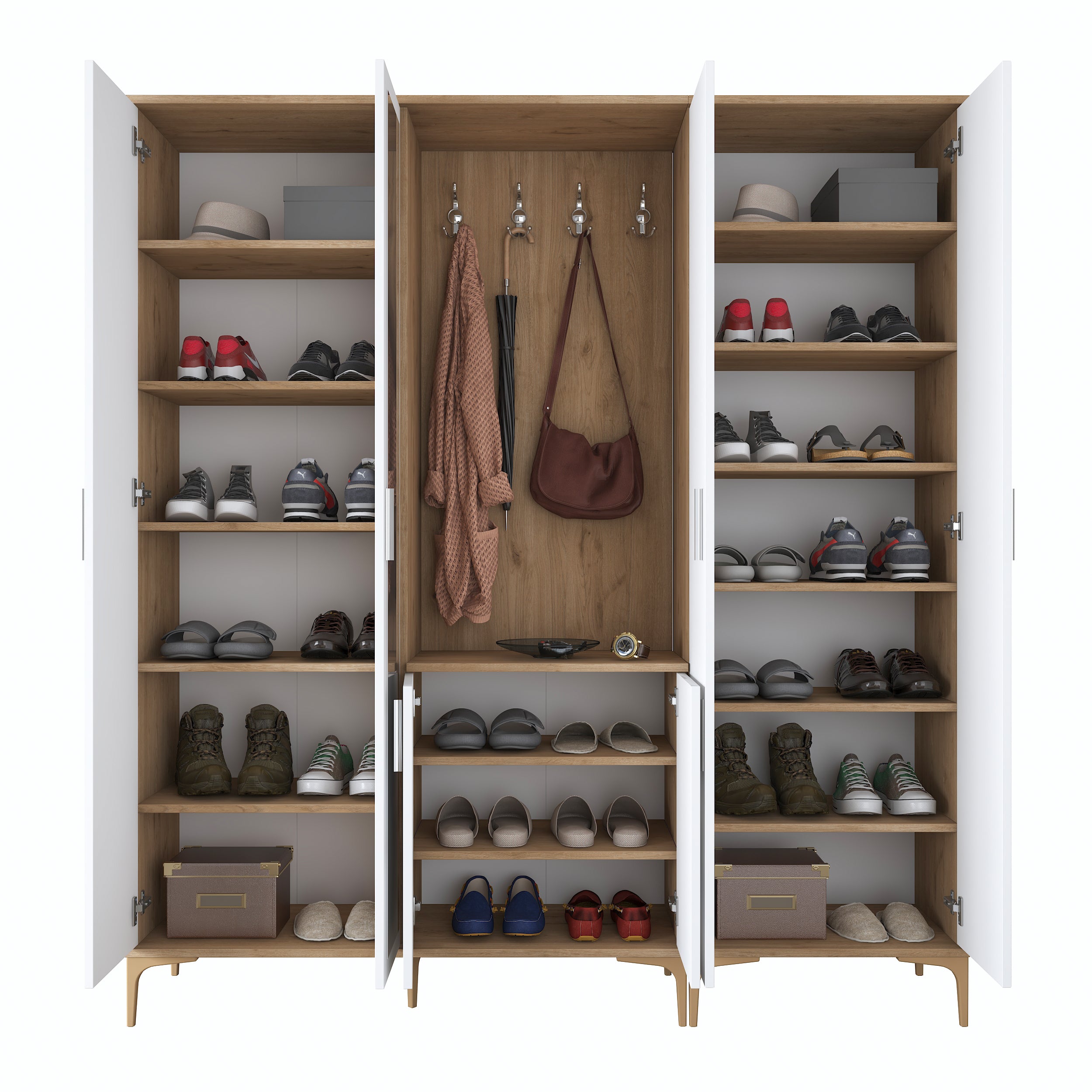 Rani EA156 aynalı raflı askılı portmanto ayakkabılık vestiyer sepet ceviz beyaz