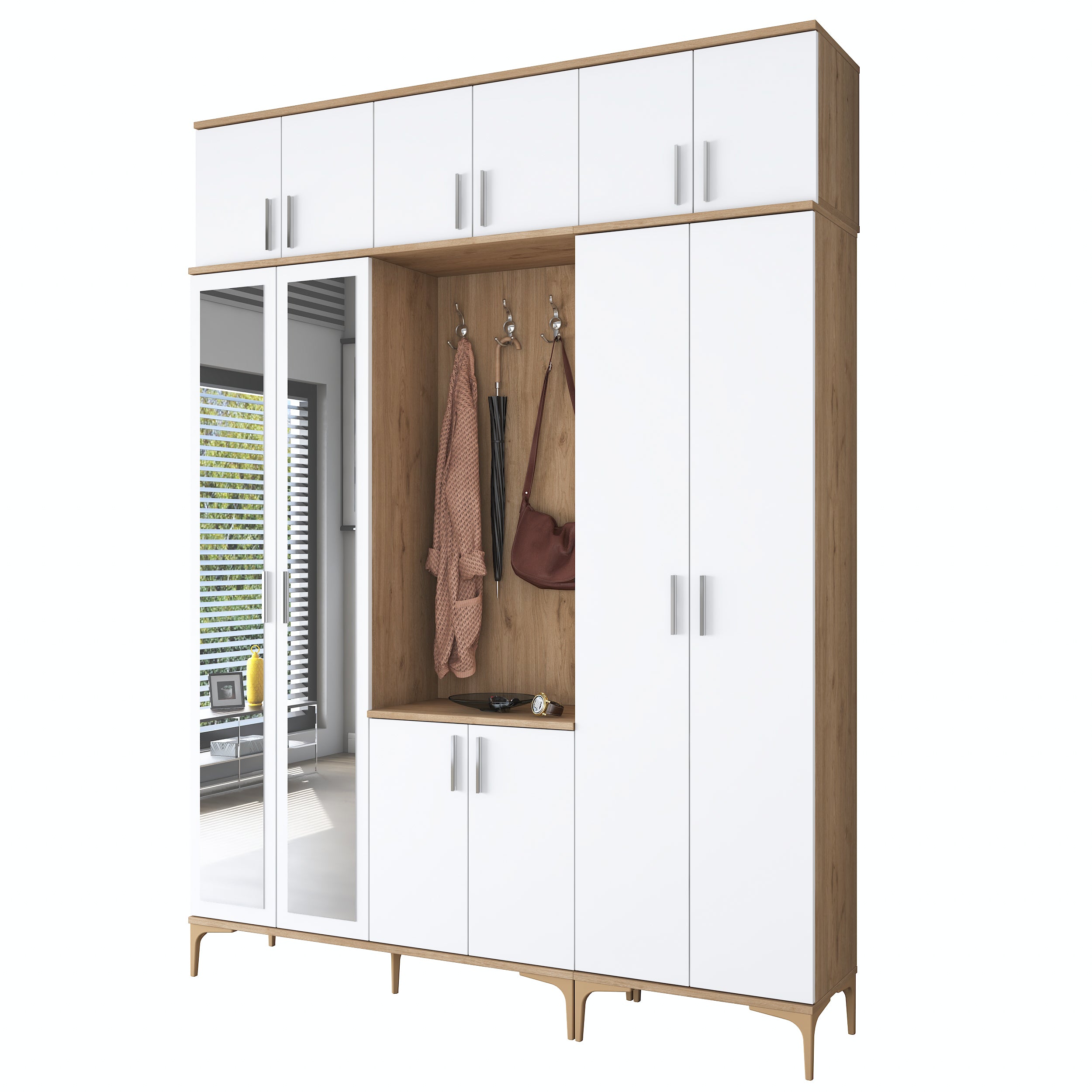 Rani EA157 modern portmanto aynalı raflı askılı ayakkabılık vestiyer sepet ceviz beyaz