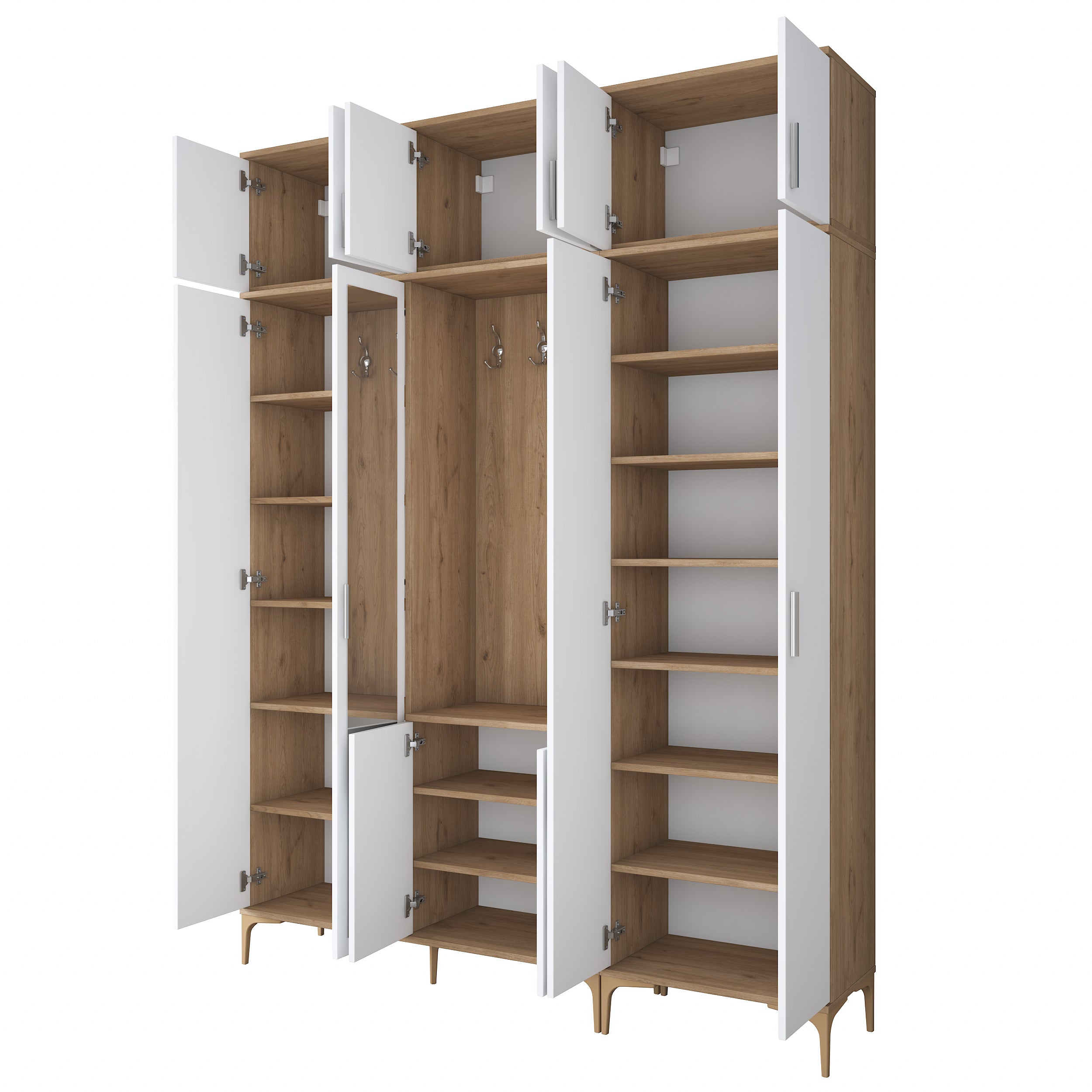 Rani EA157 modern portmanto aynalı raflı askılı ayakkabılık vestiyer sepet ceviz beyaz