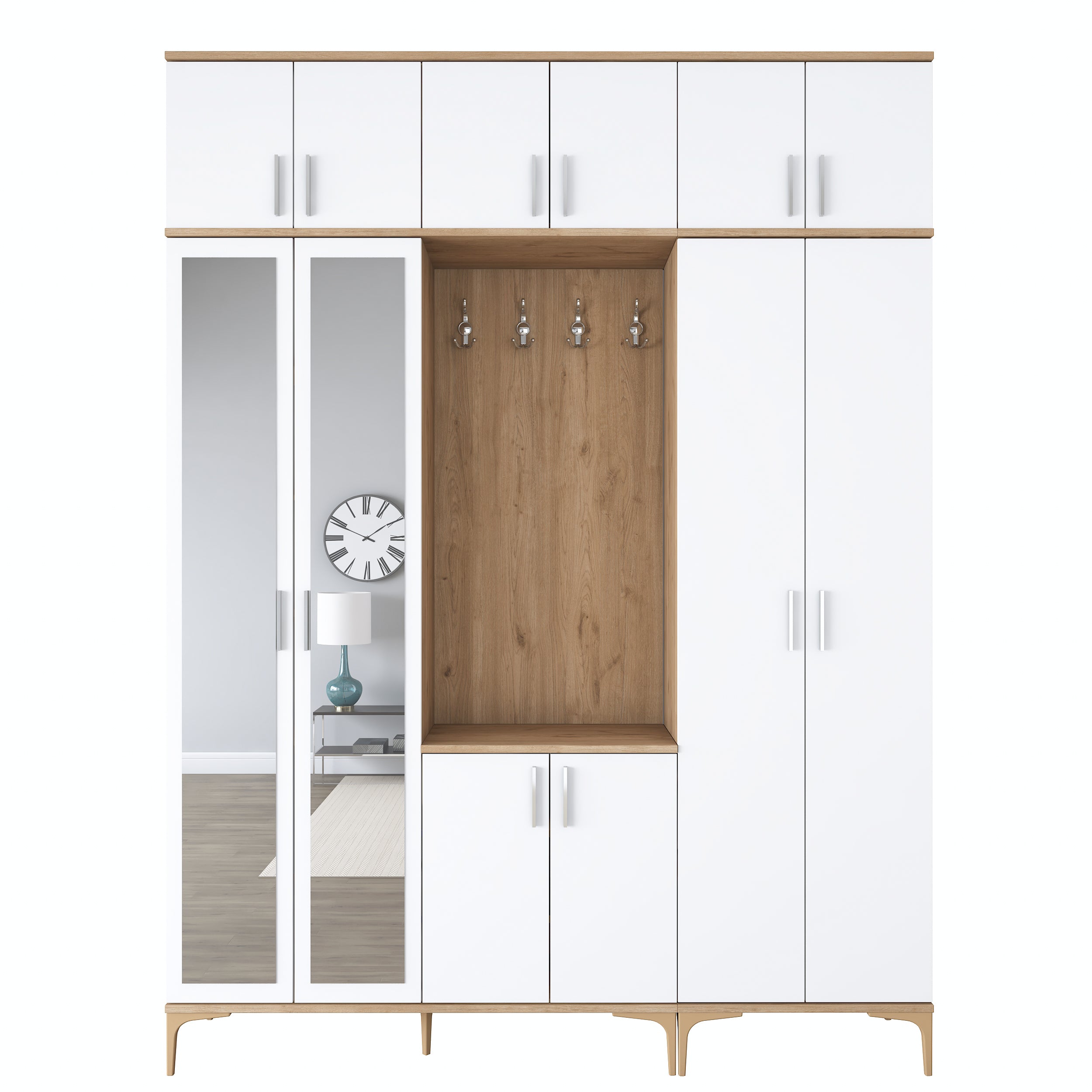 Rani EA157 modern portmanto aynalı raflı askılı ayakkabılık vestiyer sepet ceviz beyaz