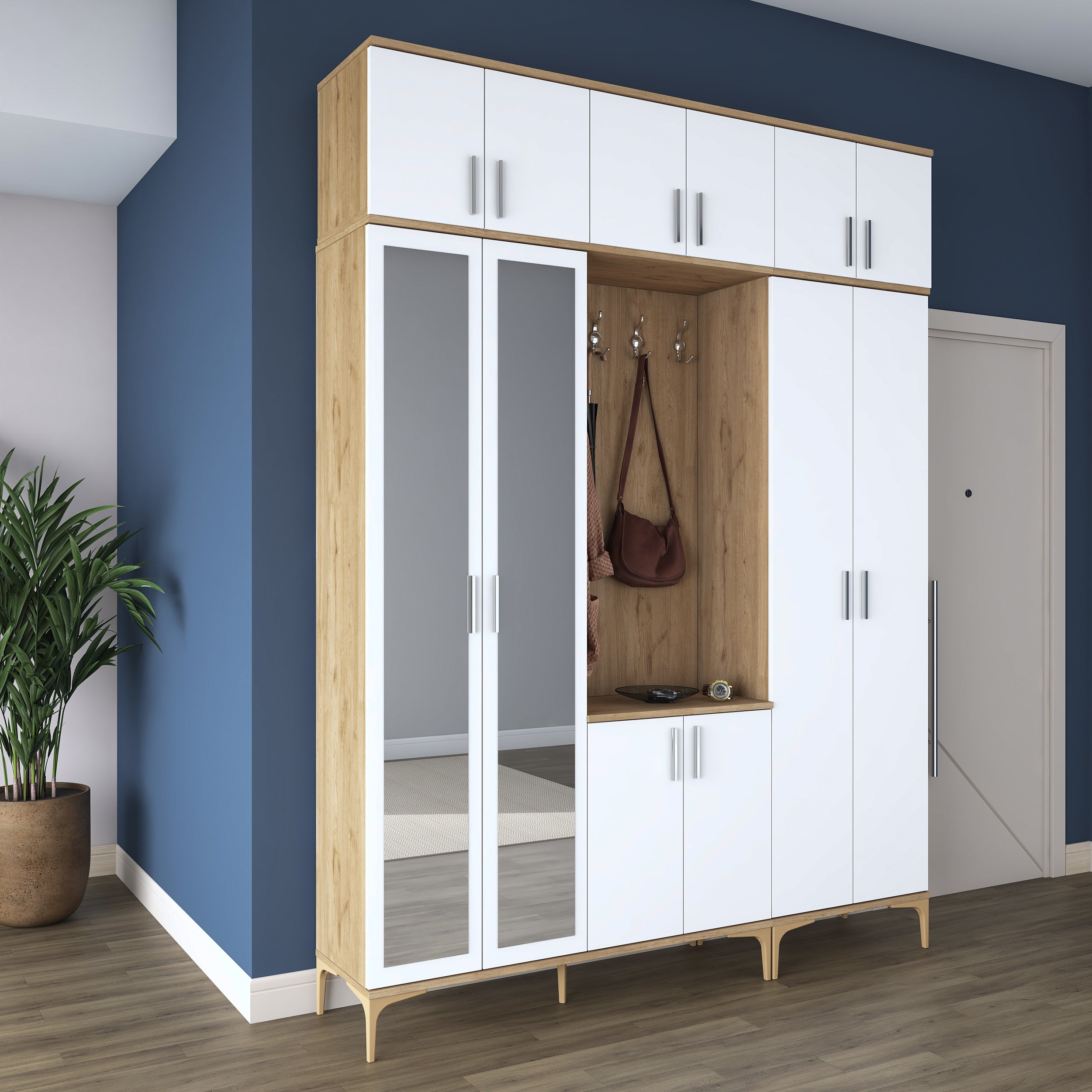 Rani EA157 modern portmanto aynalı raflı askılı ayakkabılık vestiyer sepet ceviz beyaz