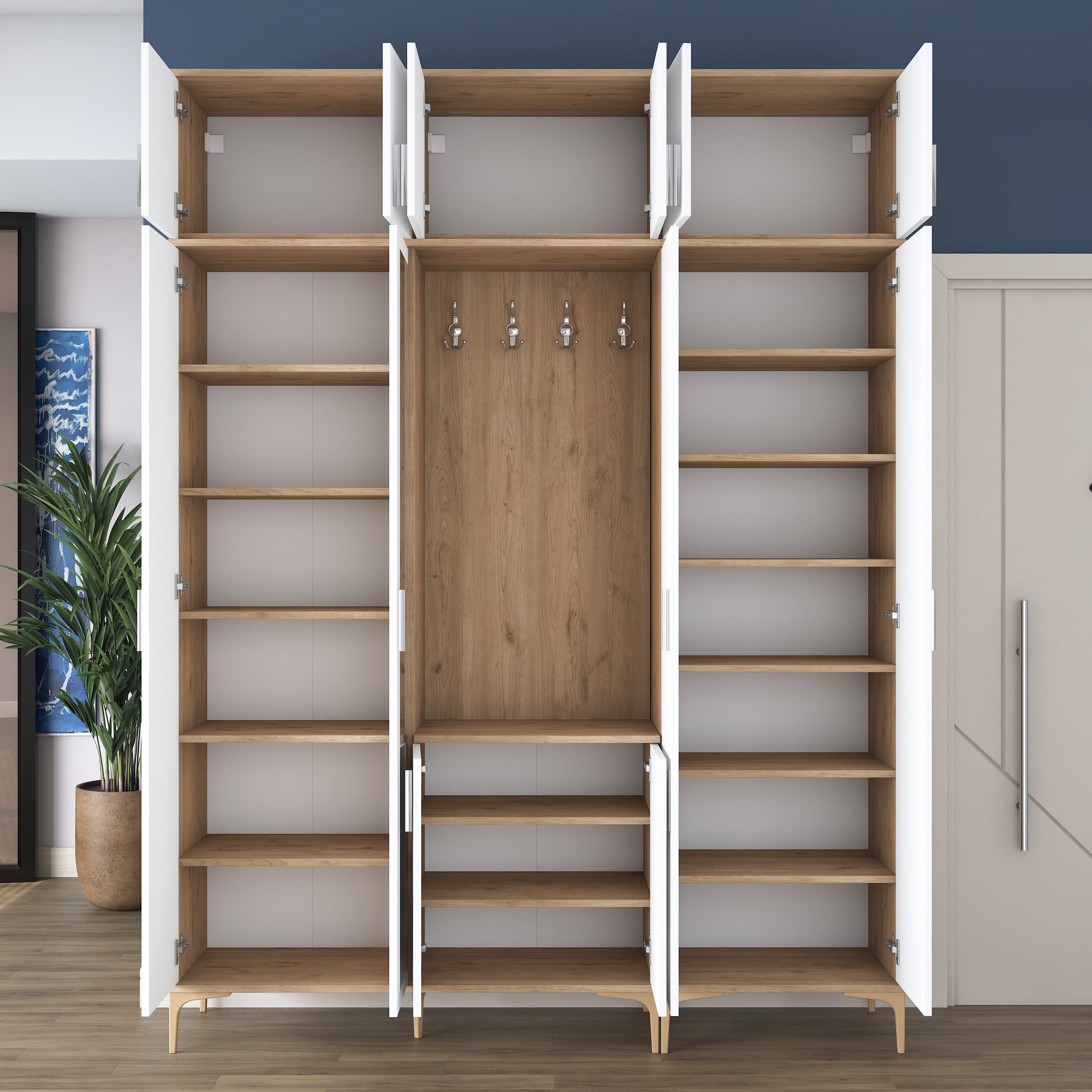 Rani EA157 modern portmanto aynalı raflı askılı ayakkabılık vestiyer sepet ceviz beyaz