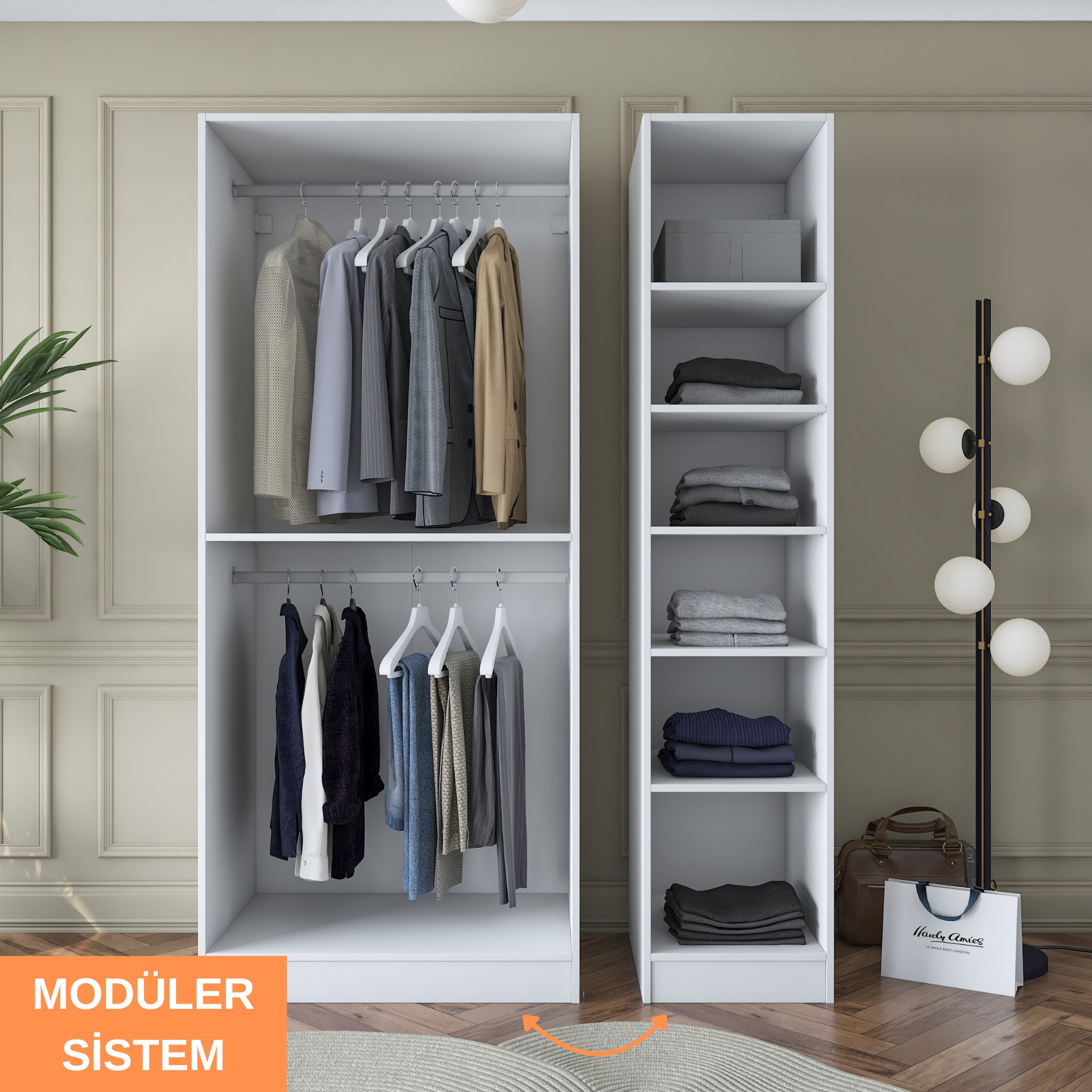 Rani BA164 Gardırop Elbise Dolabı 3 Kapaklı 6 Raflı 2 Askılı Modüler Dolap Beyaz