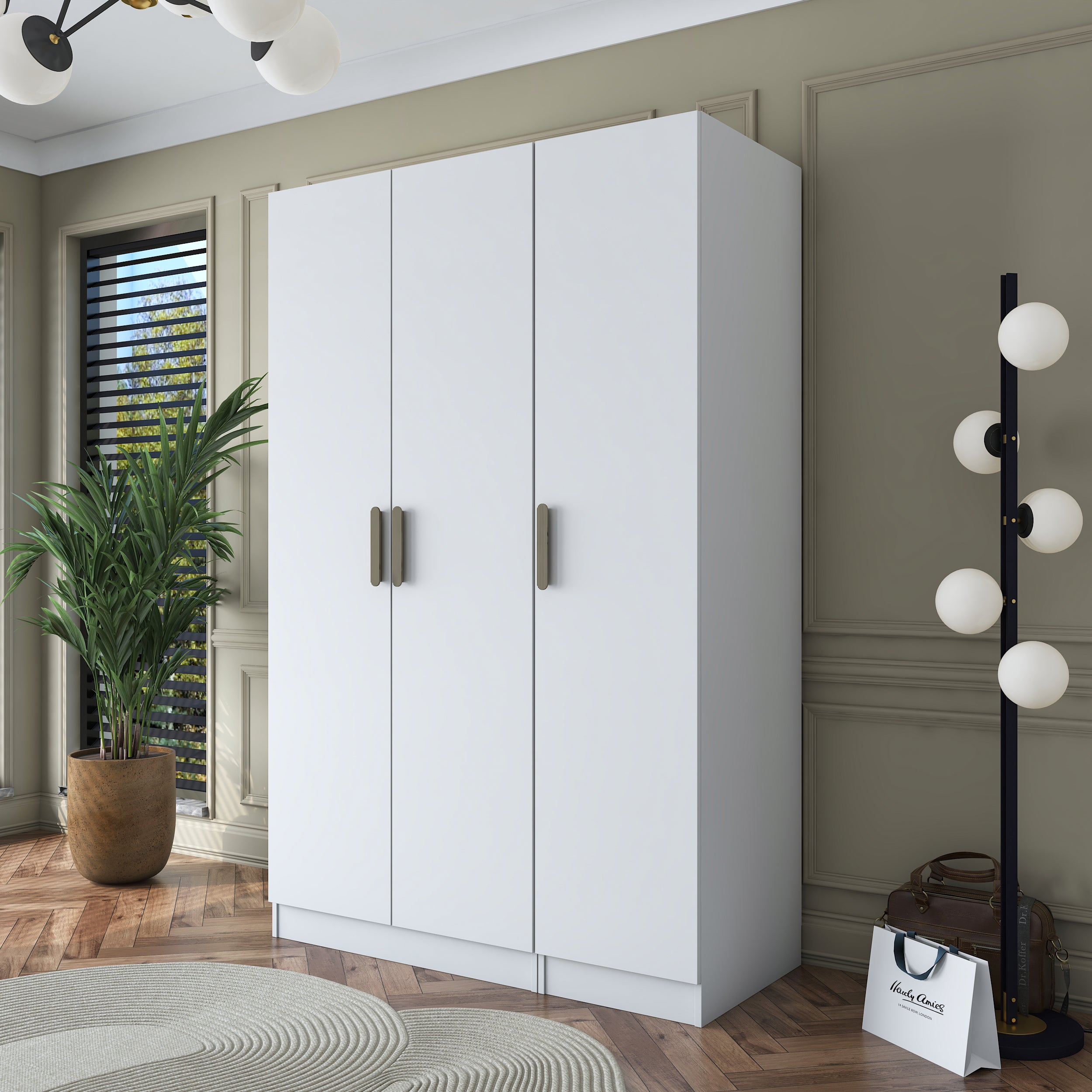 Rani BA164 Gardırop Elbise Dolabı 3 Kapaklı 6 Raflı 2 Askılı Modüler Dolap Beyaz