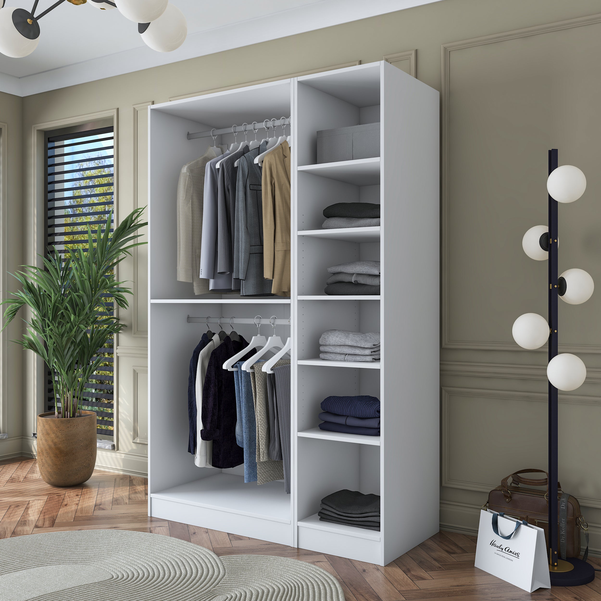 Rani BA164 Gardırop Elbise Dolabı 3 Kapaklı 6 Raflı 2 Askılı Modüler Dolap Beyaz