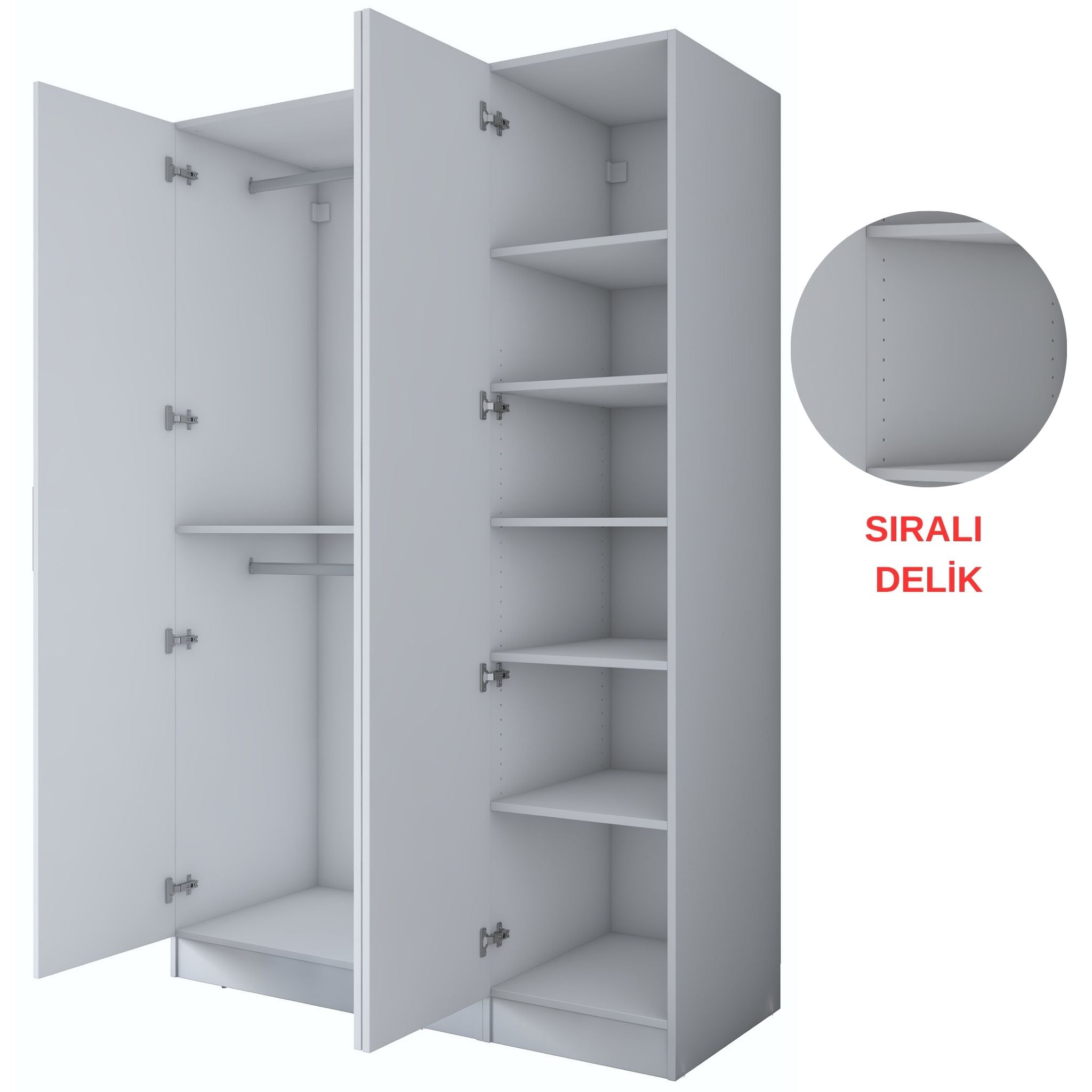 Rani BA164 Gardırop Elbise Dolabı 3 Kapaklı 6 Raflı 2 Askılı Modüler Dolap Beyaz