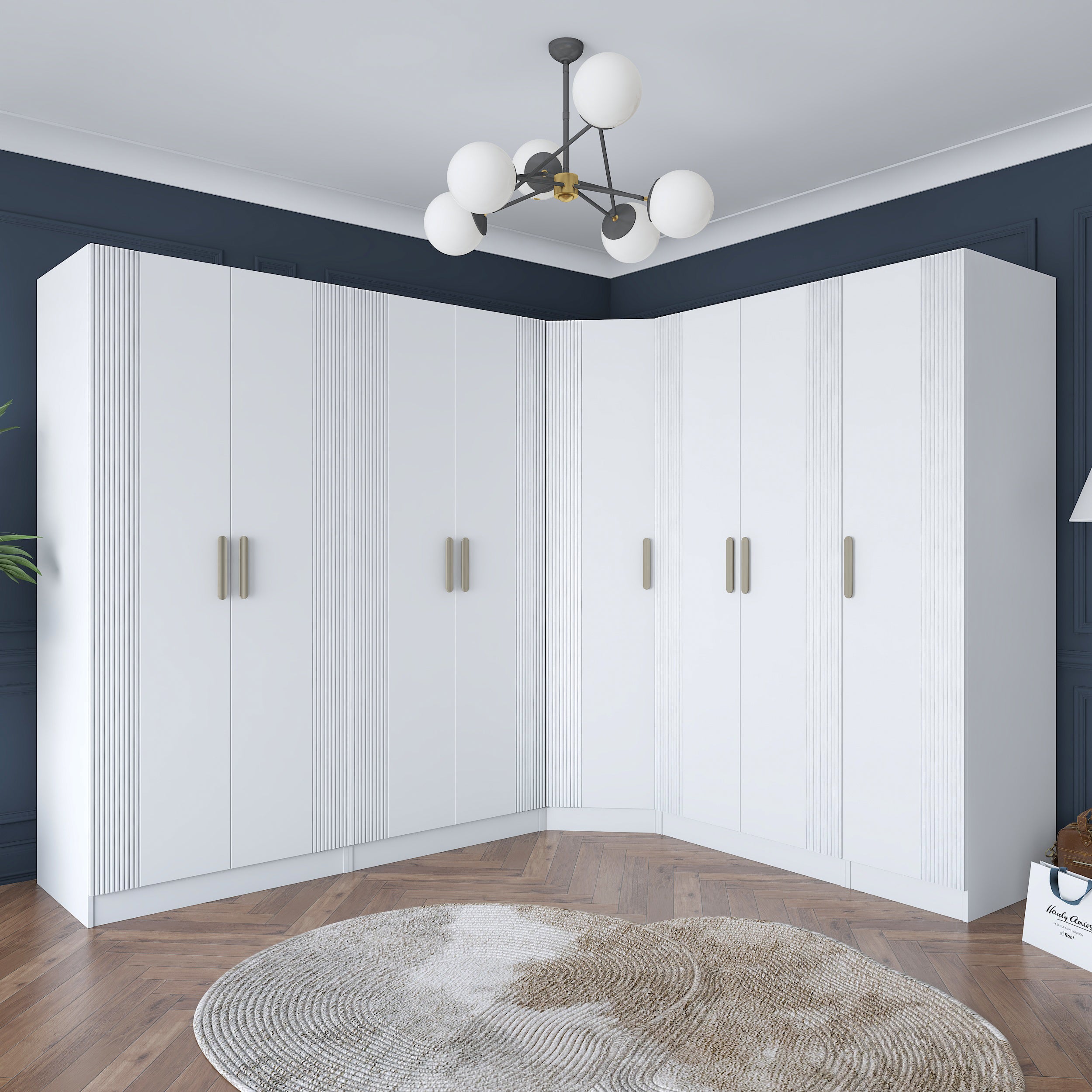 Rani BA184 Geniş Köşe Membran Kapaklı Gardırop 2 Çekmeceli 18 Raflı 4 Askılı 8 Kapaklı Modüler Elbise Dolabı Beyaz