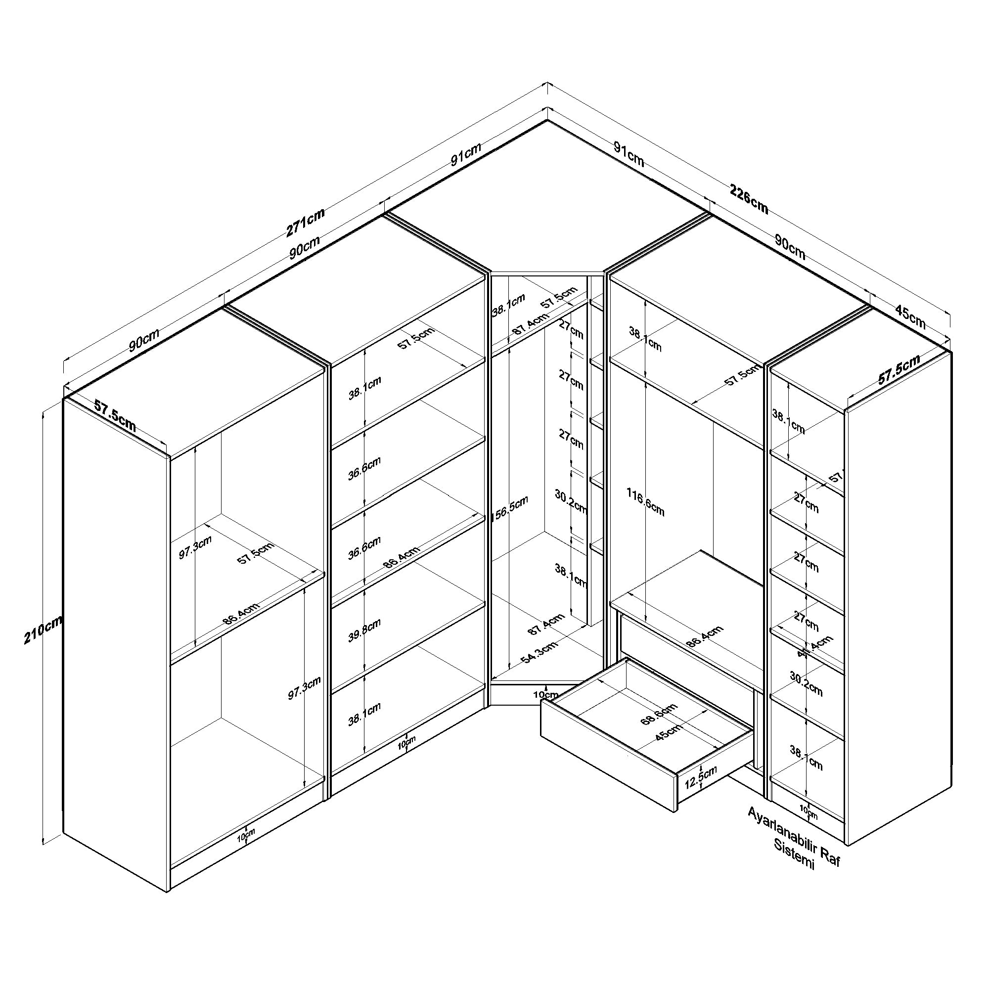 Rani BA184 Geniş Köşe Membran Kapaklı Gardırop 2 Çekmeceli 18 Raflı 4 Askılı 8 Kapaklı Modüler Elbise Dolabı Beyaz
