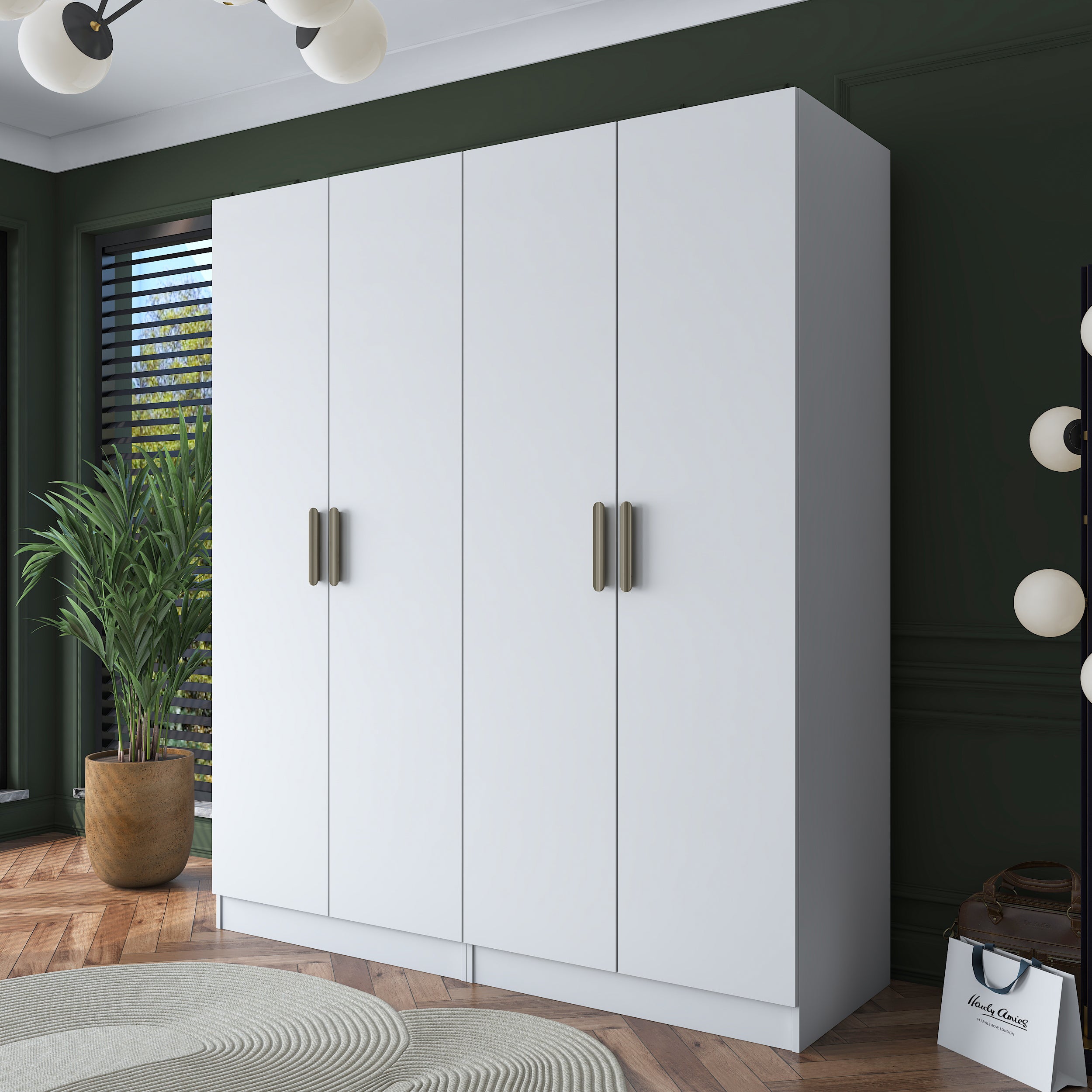 Rani BA165 Geniş Gardırop Elbise Dolabı 4 Kapaklı 8 Raflı 10 Bölmeli Modüler Dolap Beyaz