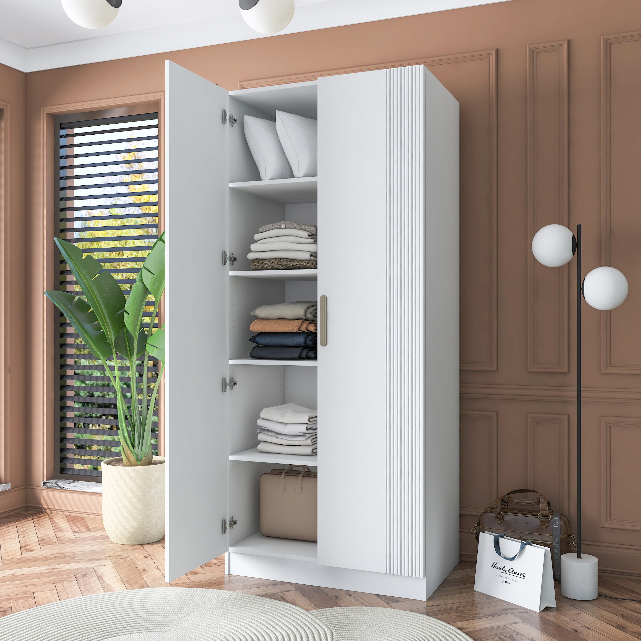 Rani BA180 Membran Kapaklı Gardırop 4 Raflı 2 Kapaklı Elbise Dolabı Beyaz