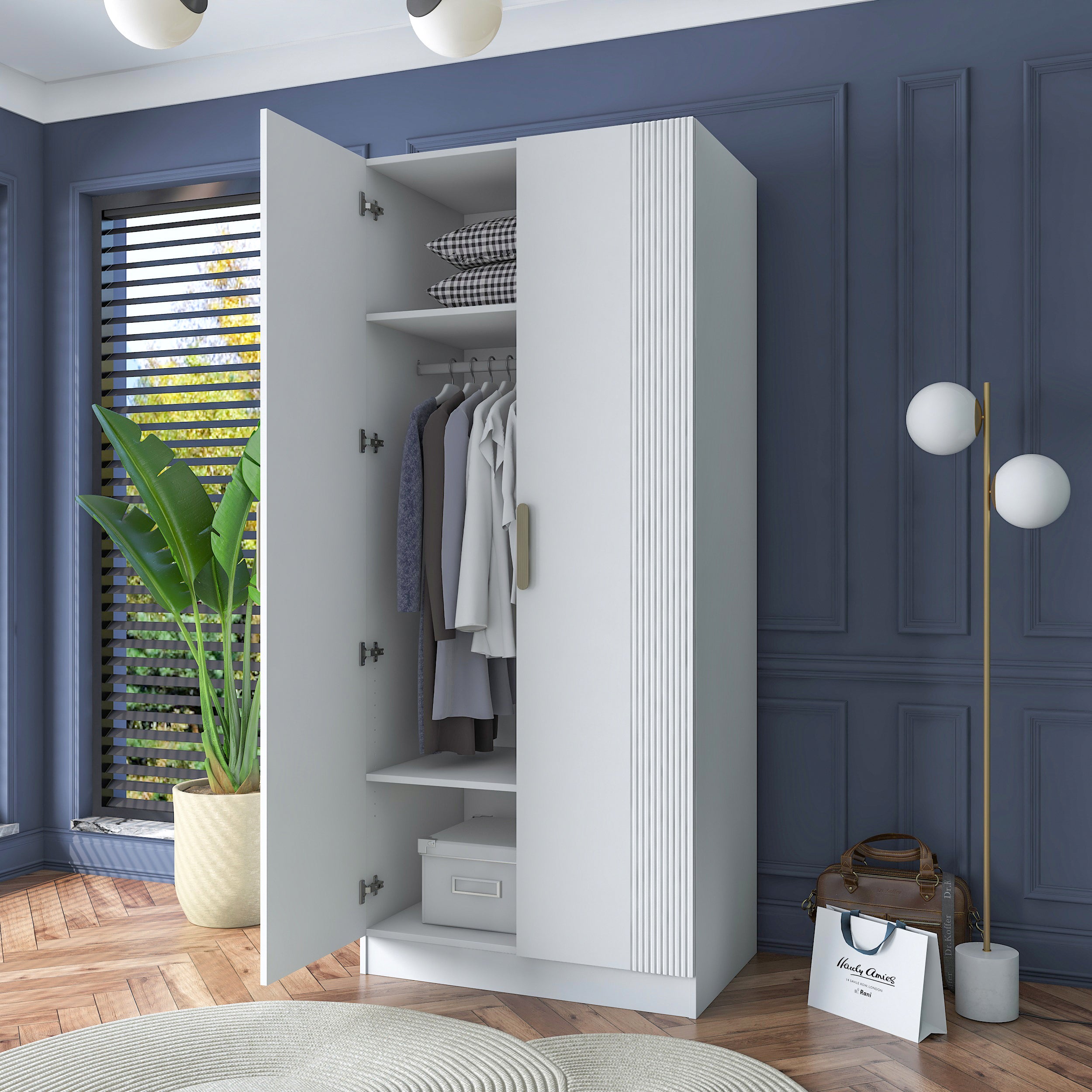 Rani BA181 Membran Kapaklı Gardırop 2 Raflı  Askılı 2 Kapaklı Elbise Dolabı Beyaz