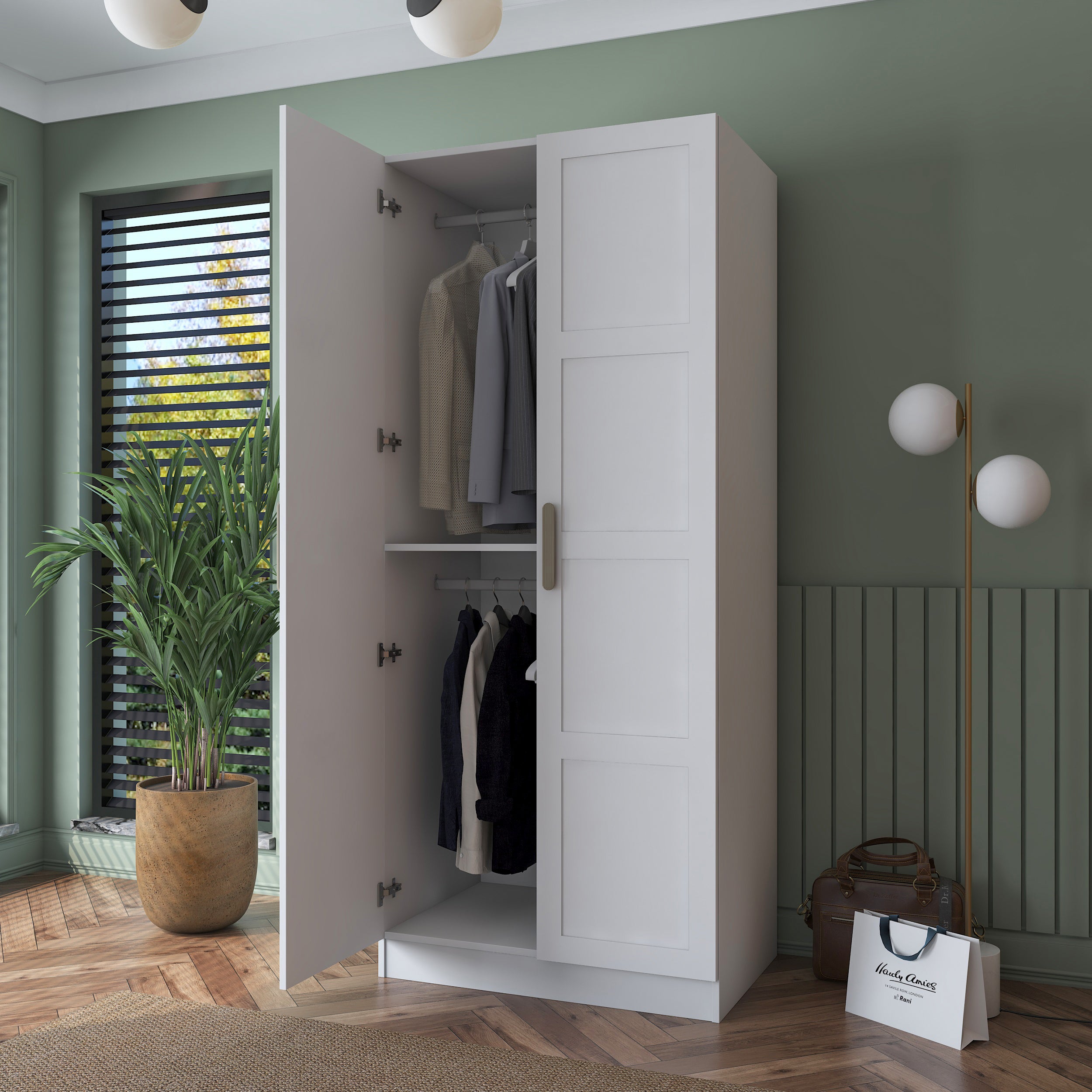 Rani BA187 Membran Kapaklı Gardırop Raflı 2 Askılı 2 Kapaklı Elbise Dolabı Beyaz