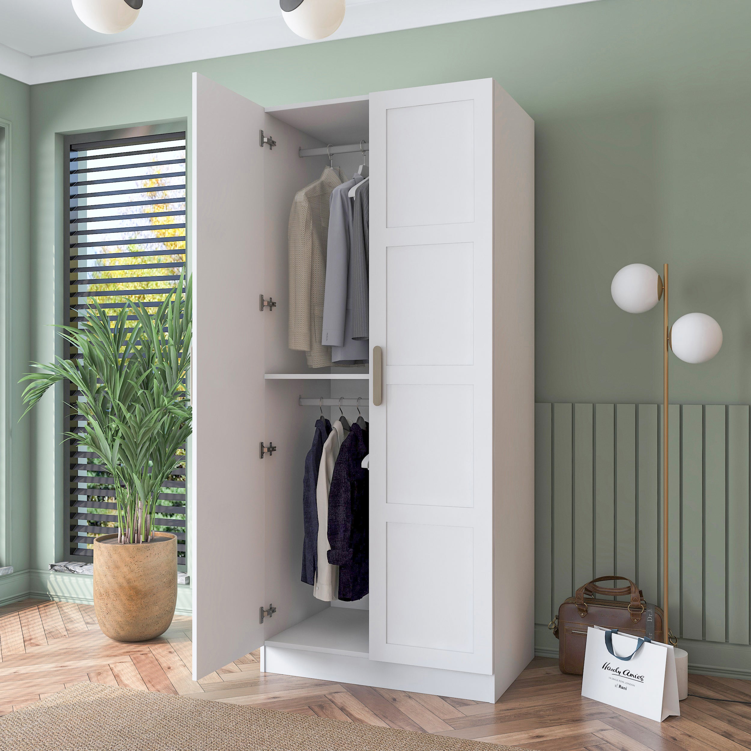 Rani BA187 Membran Kapaklı Gardırop Raflı 2 Askılı 2 Kapaklı Elbise Dolabı Beyaz
