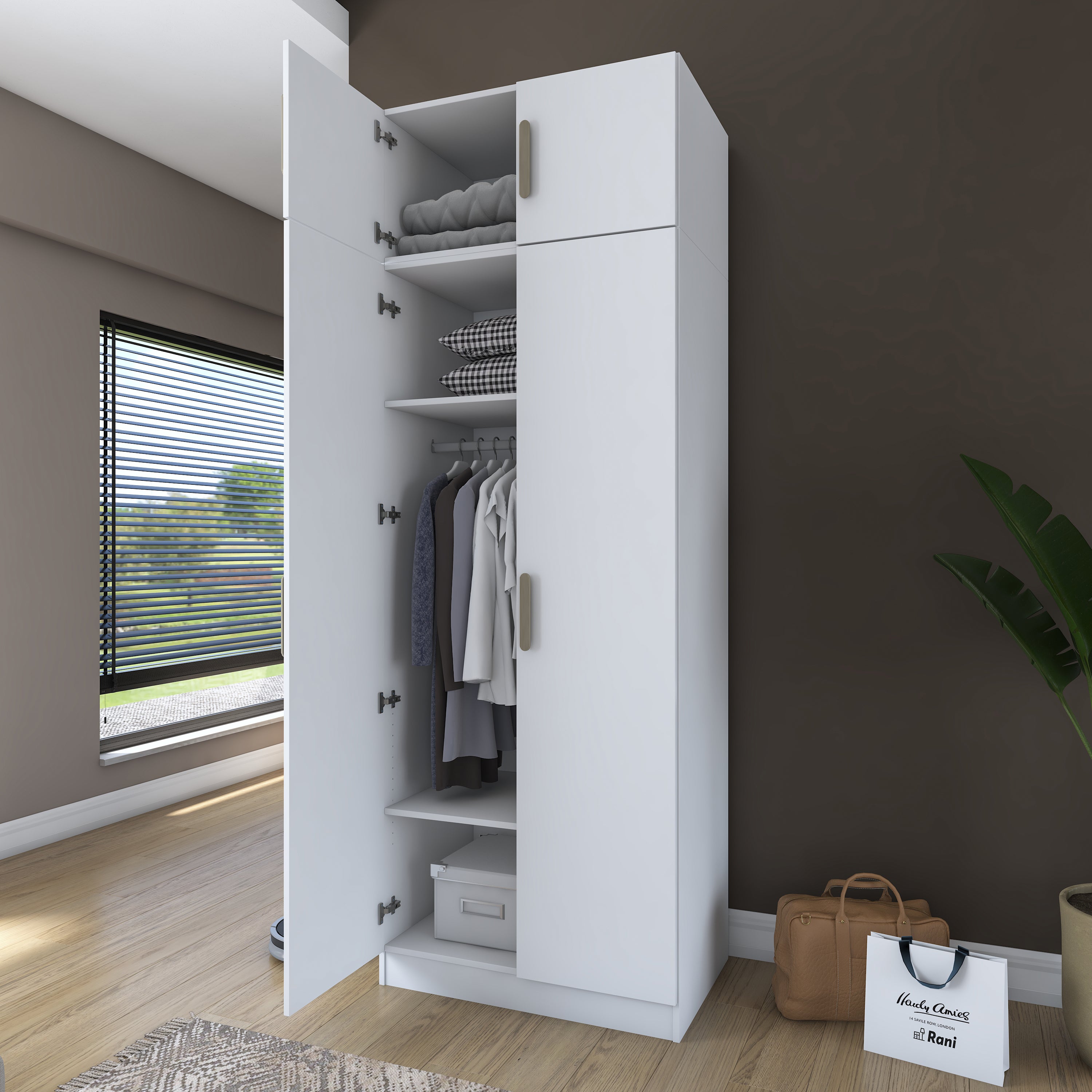 Rani BA211 Gardırop 4 Kapaklı 2 Raflı 1 Askılı Elbise Dolabı Beyaz