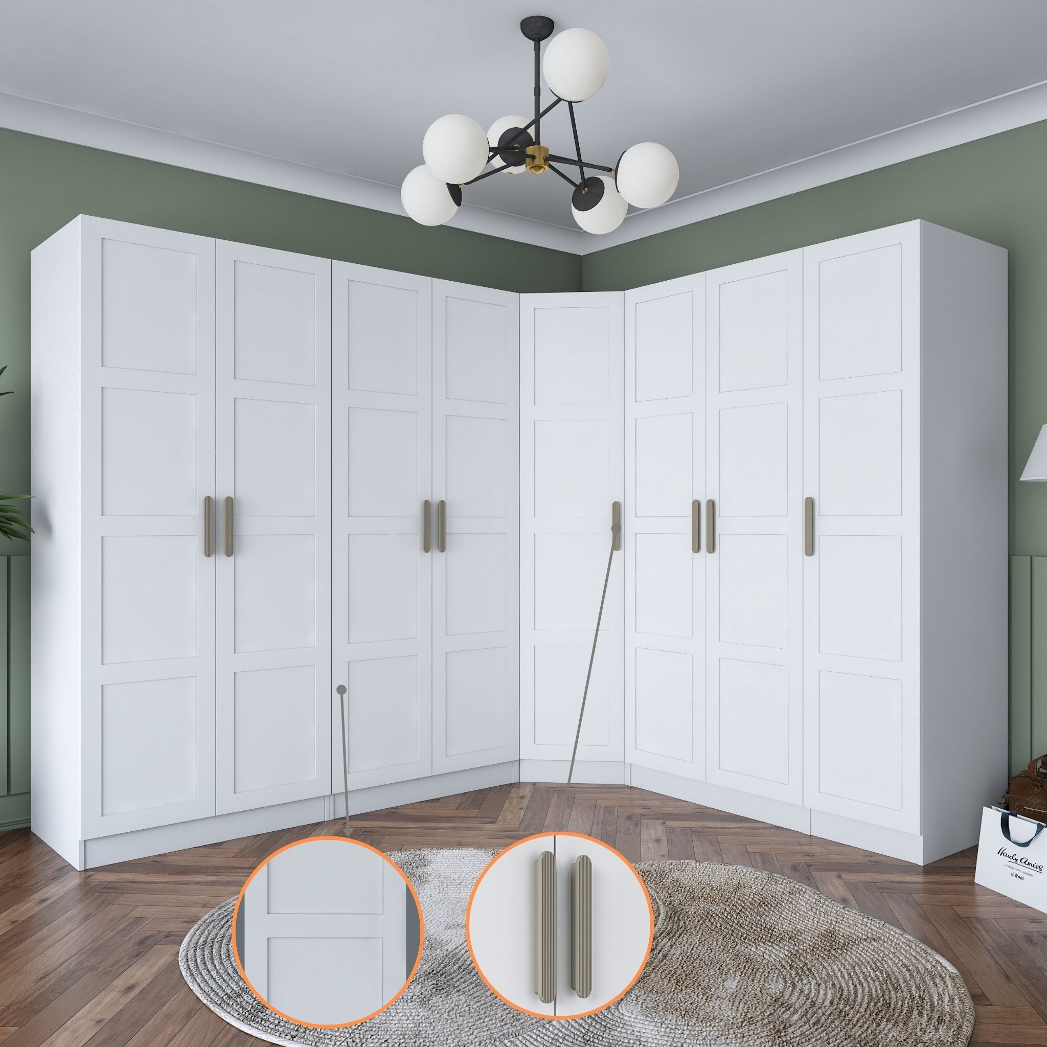 Rani BA192 geniş köşe gardırop membran kapaklı beyaz elbise dolabı