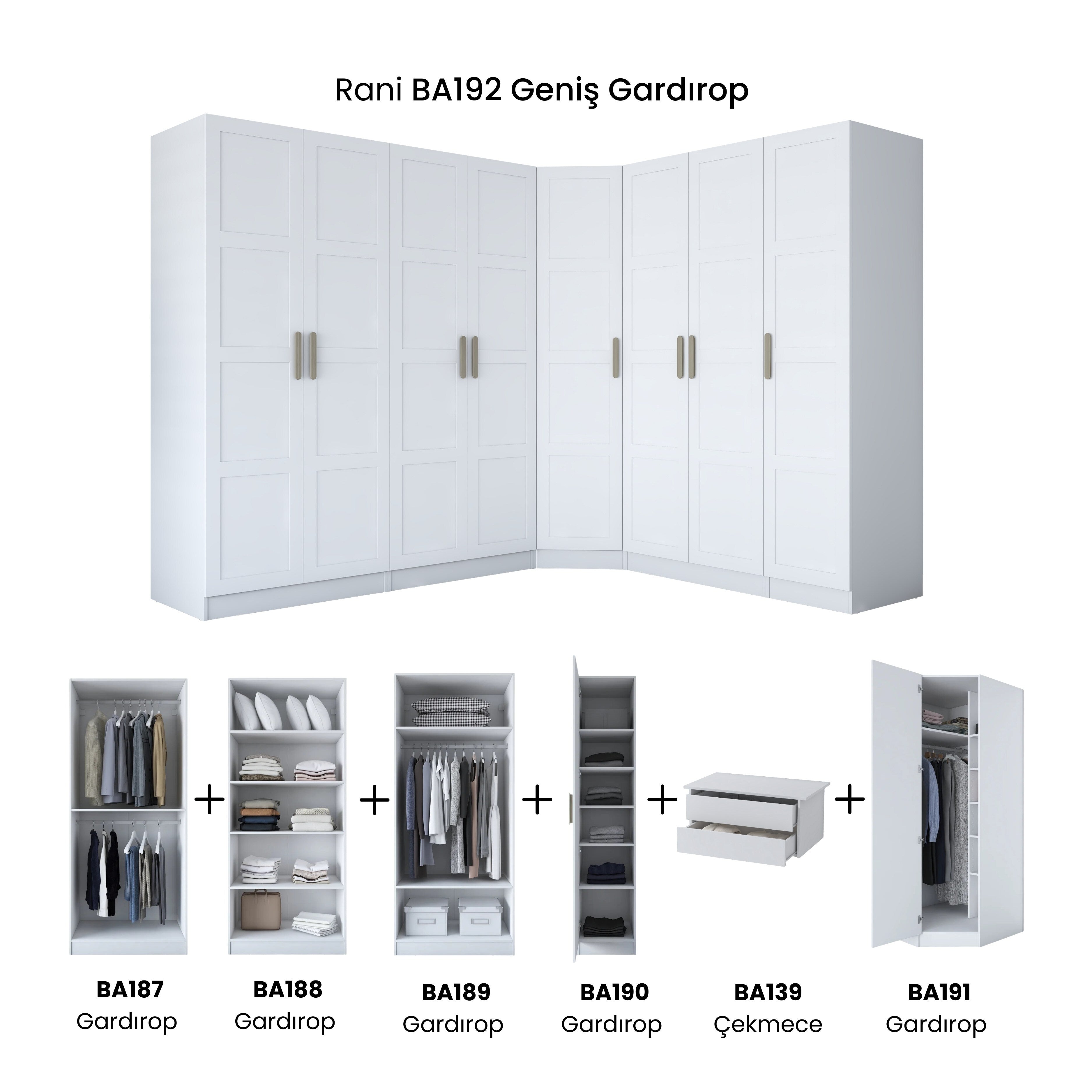 Rani BA192 geniş köşe gardırop membran kapaklı beyaz elbise dolabı