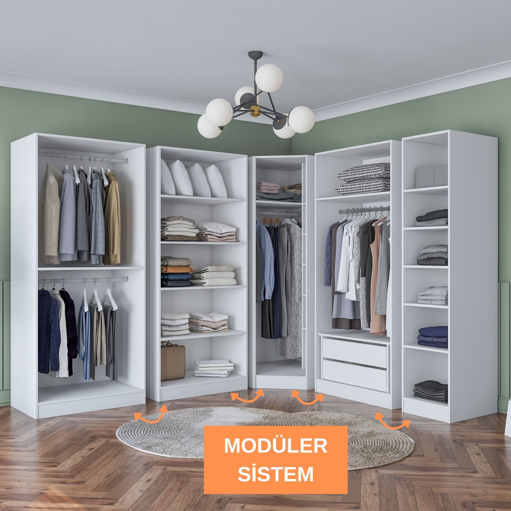 Rani BA192 geniş köşe gardırop membran kapaklı beyaz elbise dolabı