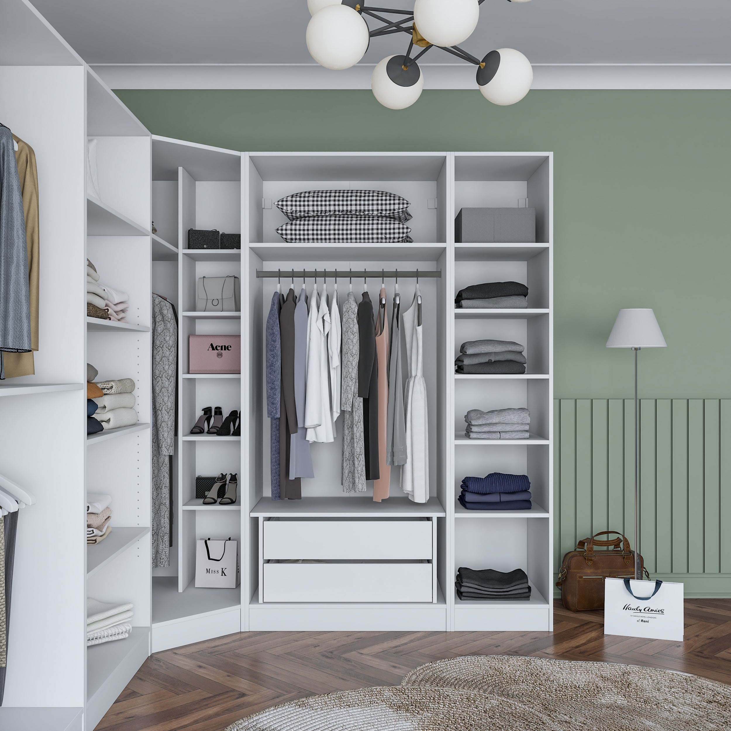 Rani BA192 geniş köşe gardırop membran kapaklı beyaz elbise dolabı