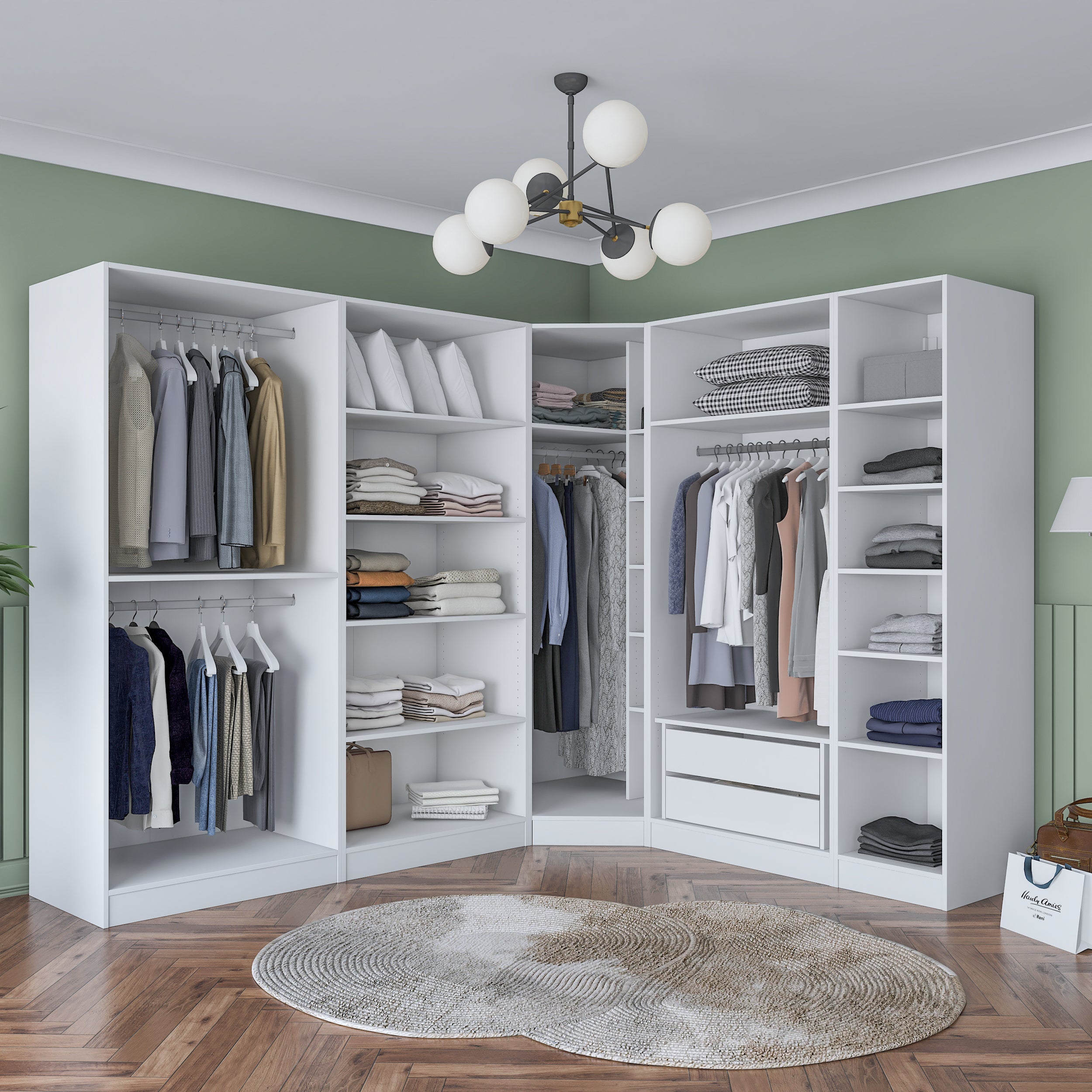 Rani BA192 geniş köşe gardırop membran kapaklı beyaz elbise dolabı