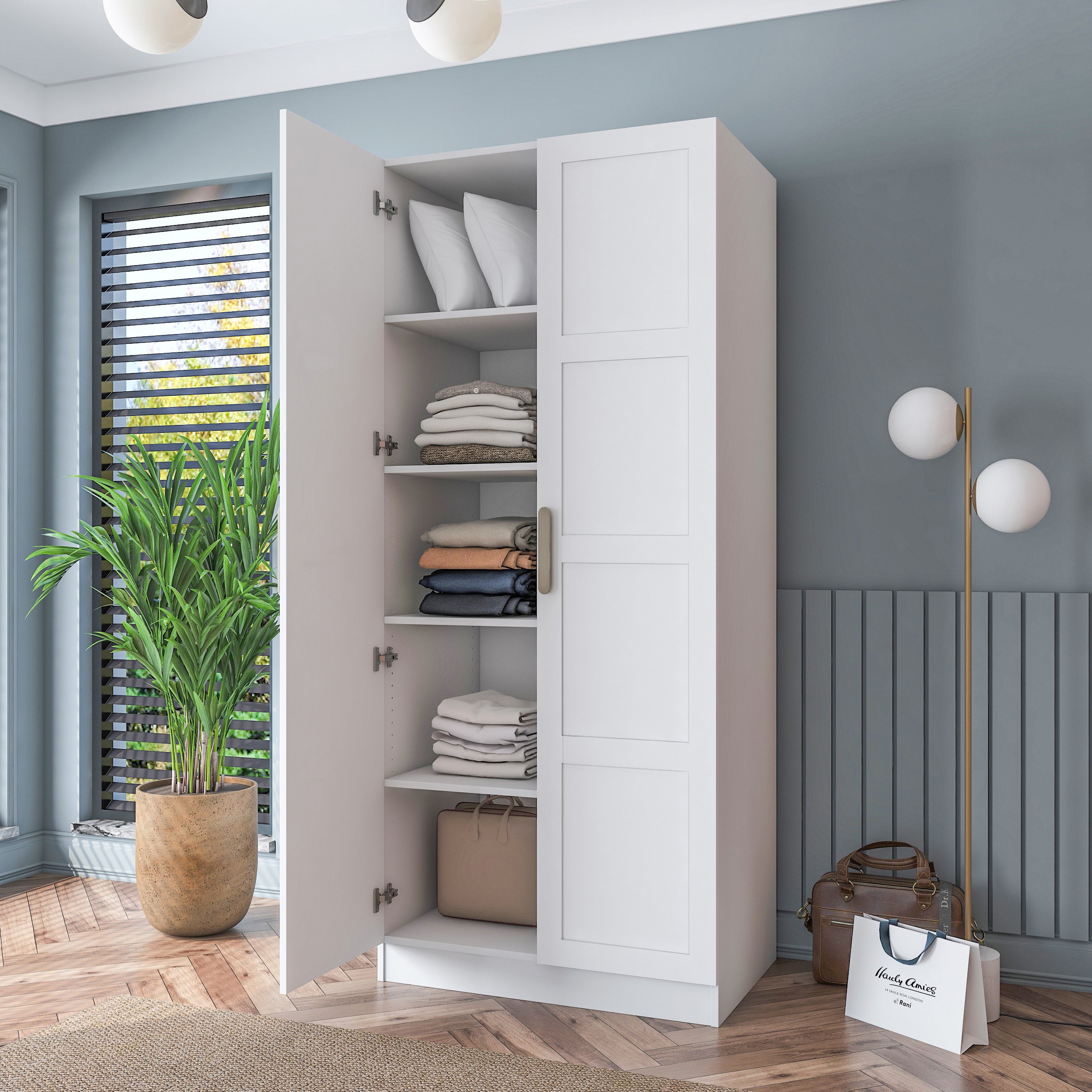 Rani BA188 Membran Kapaklı Gardırop 4 Raflı 2 Kapaklı Elbise Dolabı Beyaz