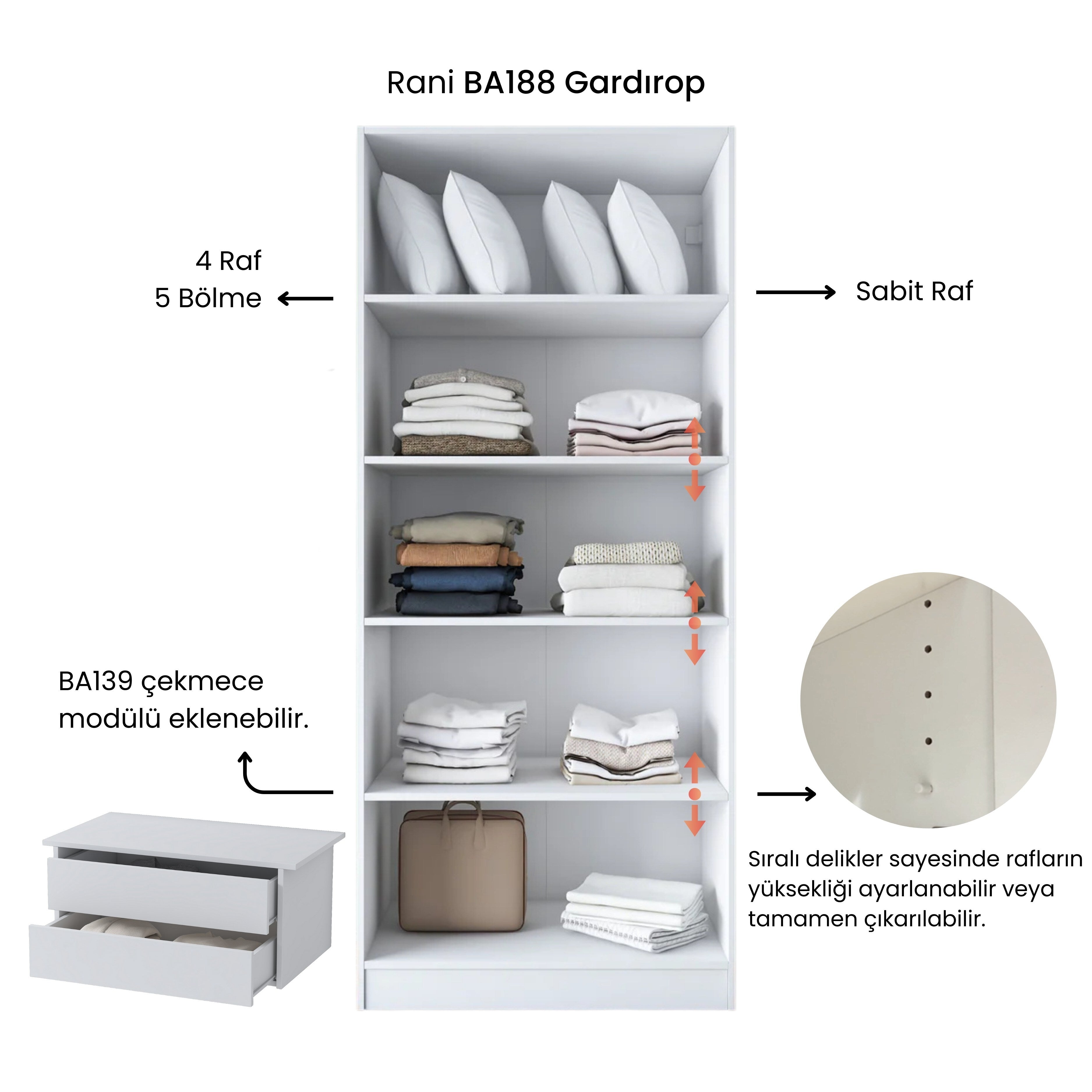 Rani BA188 Membran Kapaklı Gardırop 4 Raflı 2 Kapaklı Elbise Dolabı Beyaz