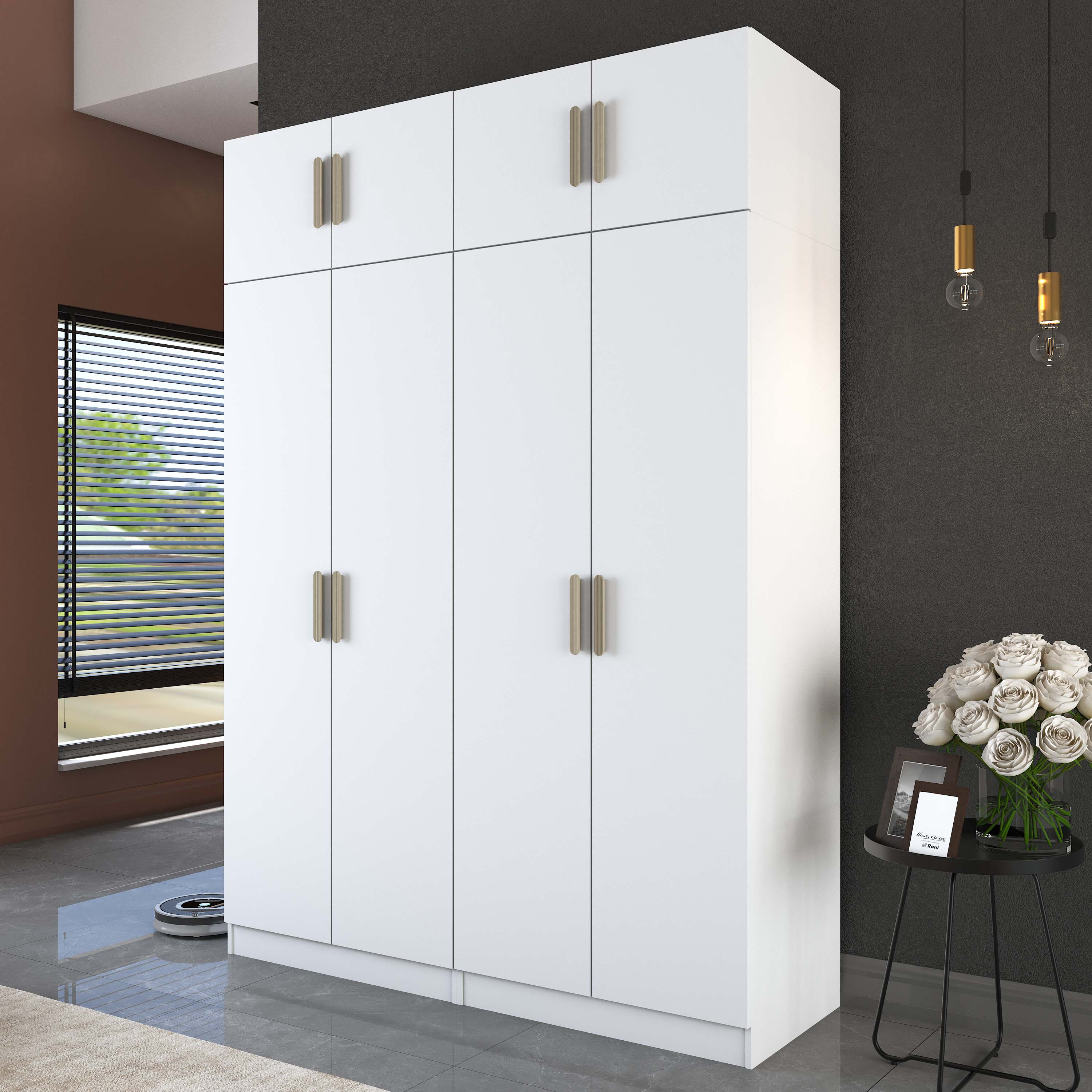 Rani BA216 Geniş Gardırop Elbise Dolabı 8 Kapaklı 5 Raflı 2 Askılı Modüler Dolap Beyaz