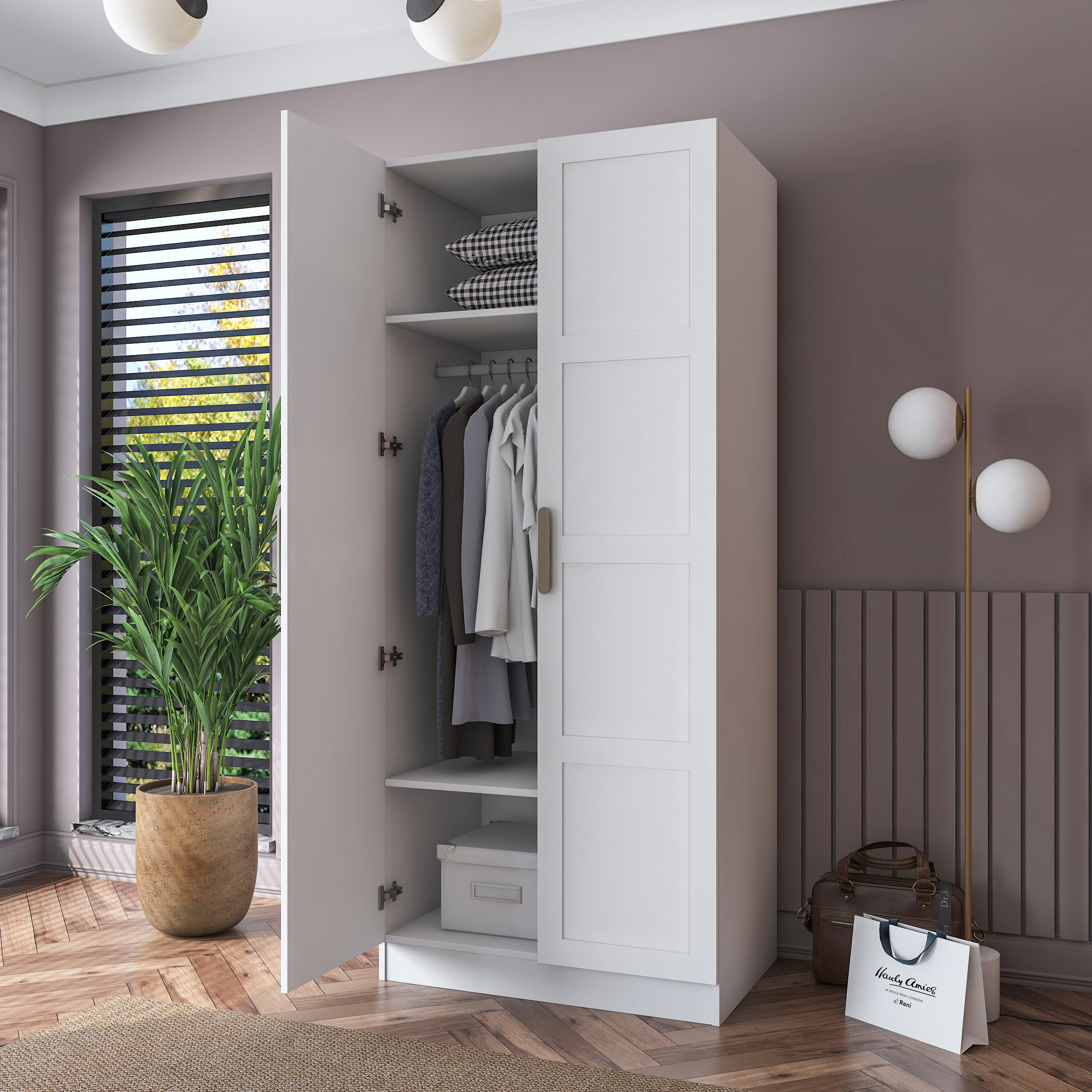 Rani BA189 Membran Kapaklı Gardırop 2 Raflı 2 Kapaklı Elbise Dolabı Beyaz