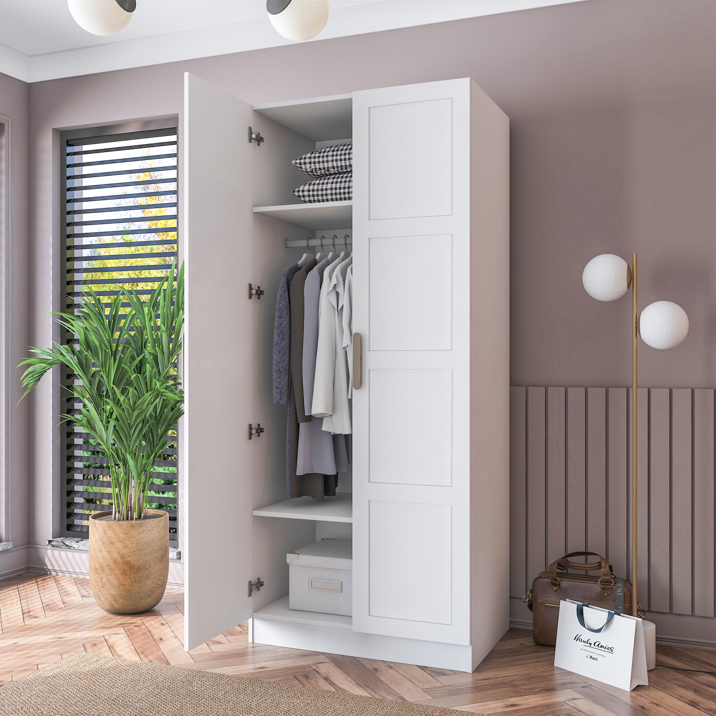 Rani BA189 Membran Kapaklı Gardırop 2 Raflı 2 Kapaklı Elbise Dolabı Beyaz