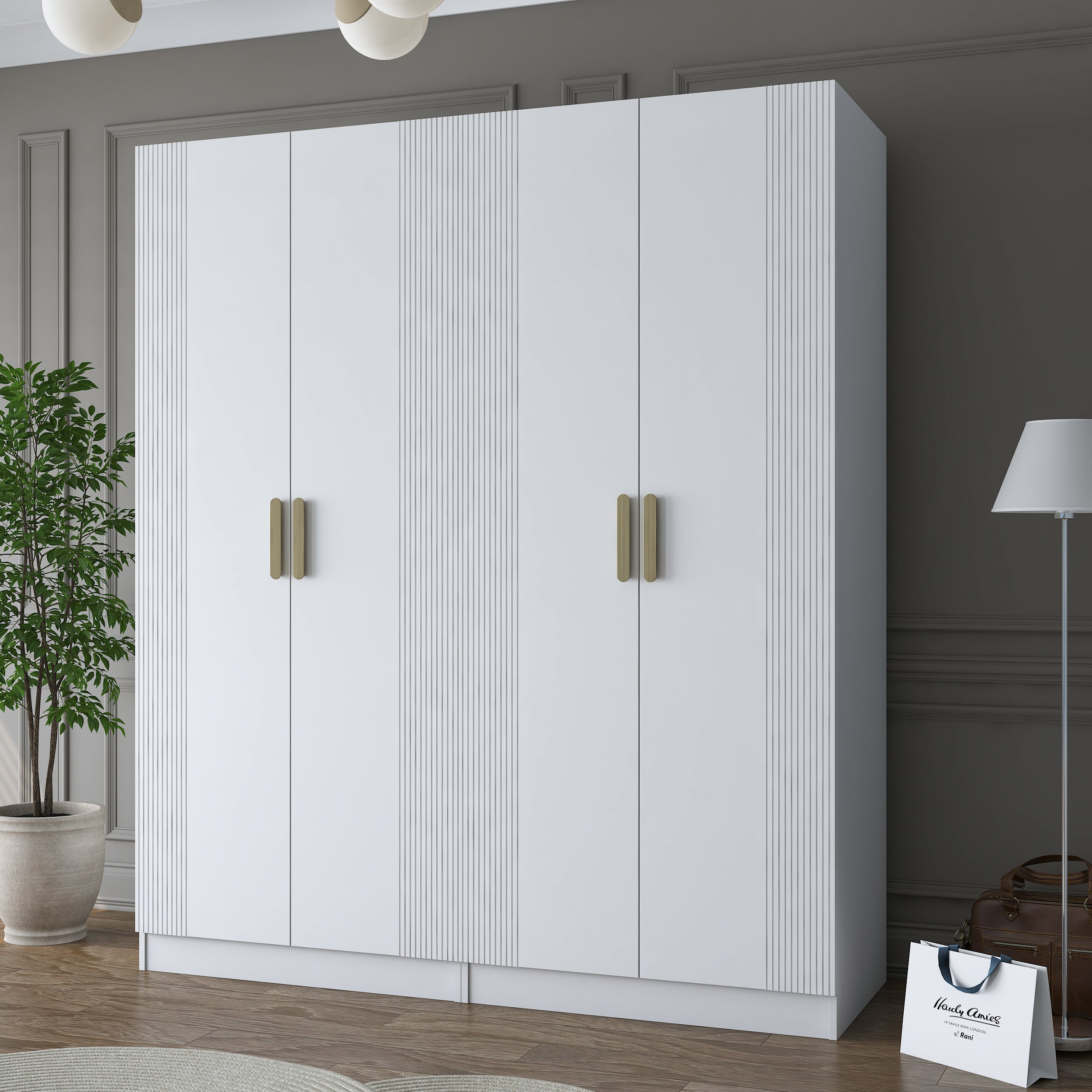 Rani BA186 Membran Kapaklı Gardırop 5 Raflı 2 Askılı 4 Kapaklı Elbise Dolabı Beyaz