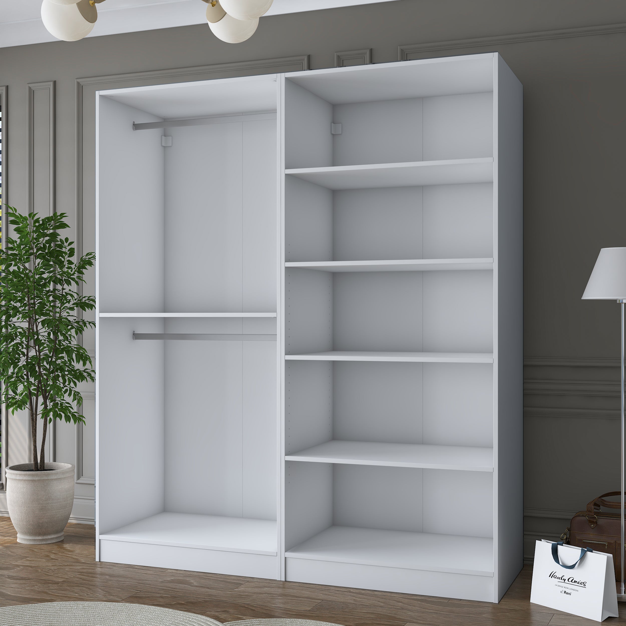 Rani BA186 Membran Kapaklı Gardırop 5 Raflı 2 Askılı 4 Kapaklı Elbise Dolabı Beyaz