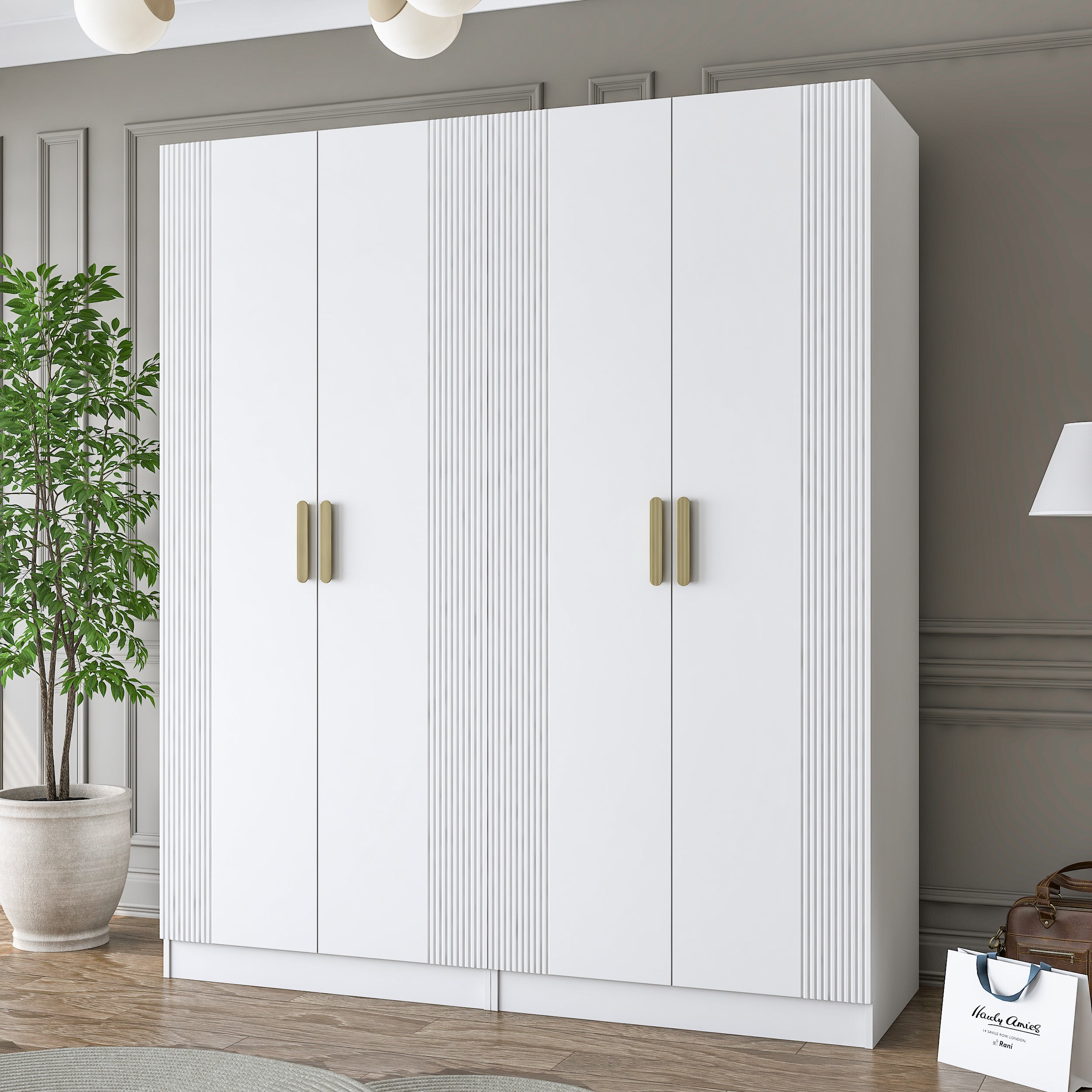 Rani BA186 Membran Kapaklı Gardırop 5 Raflı 2 Askılı 4 Kapaklı Elbise Dolabı Beyaz