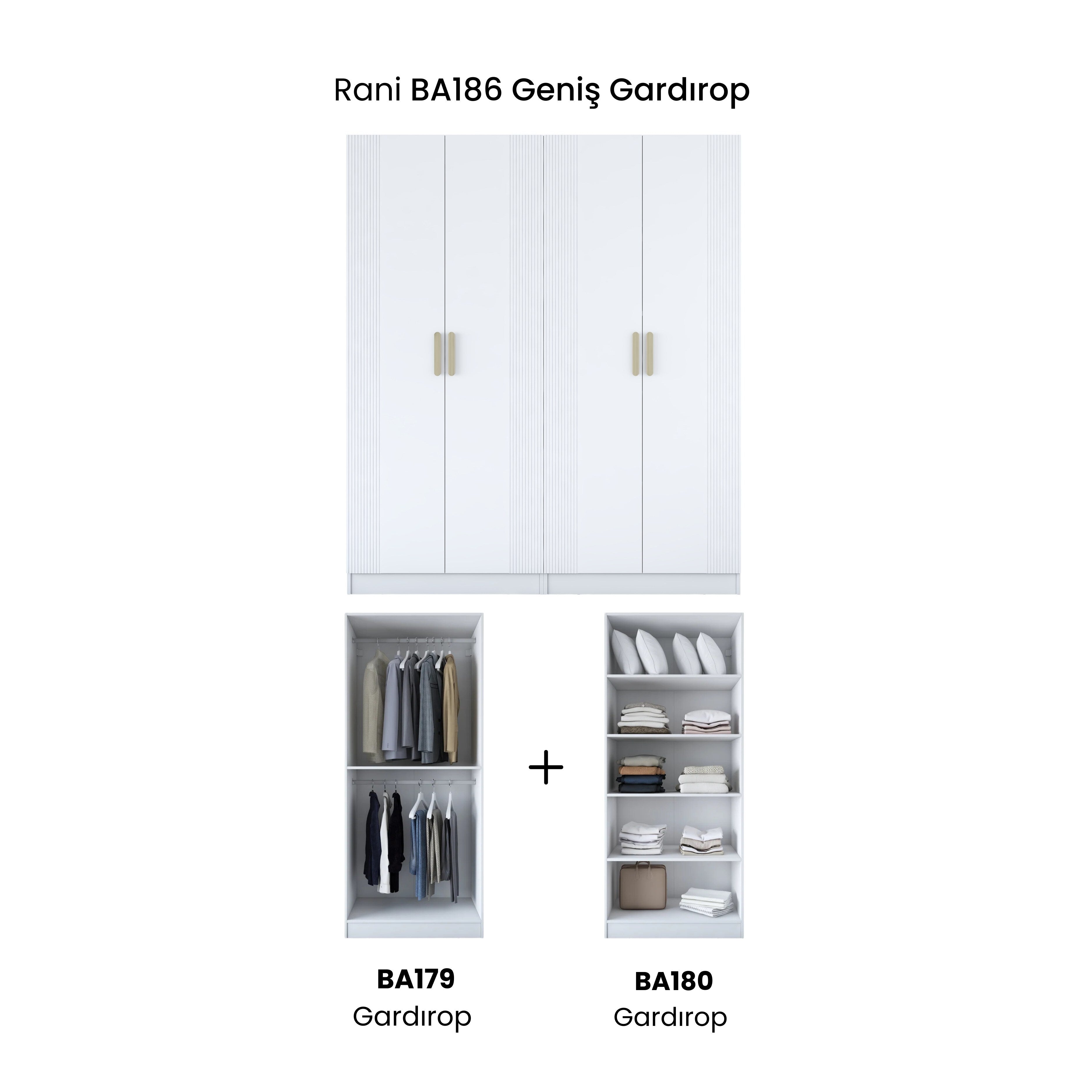 Rani BA186 Membran Kapaklı Gardırop 5 Raflı 2 Askılı 4 Kapaklı Elbise Dolabı Beyaz
