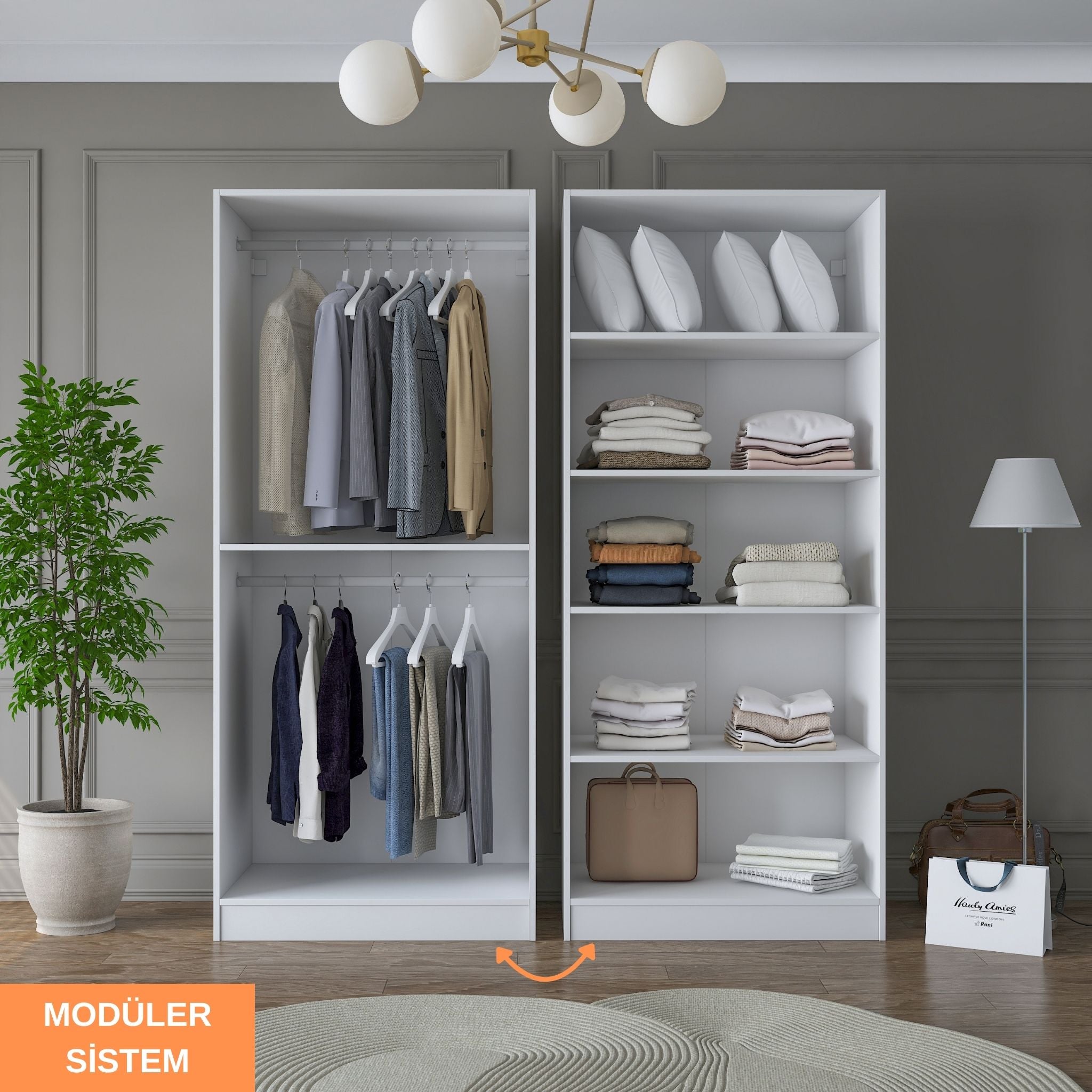 Rani BA186 Membran Kapaklı Gardırop 5 Raflı 2 Askılı 4 Kapaklı Elbise Dolabı Beyaz