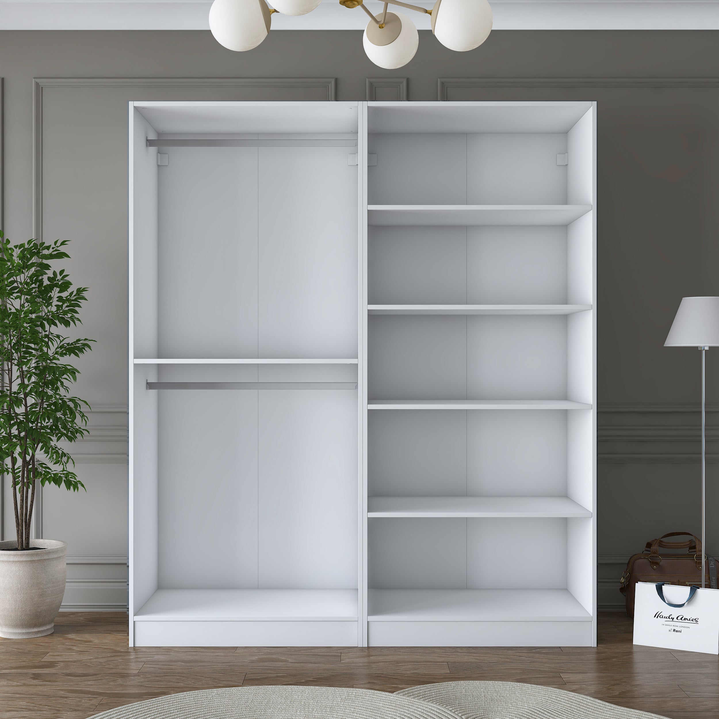 Rani BA186 Membran Kapaklı Gardırop 5 Raflı 2 Askılı 4 Kapaklı Elbise Dolabı Beyaz
