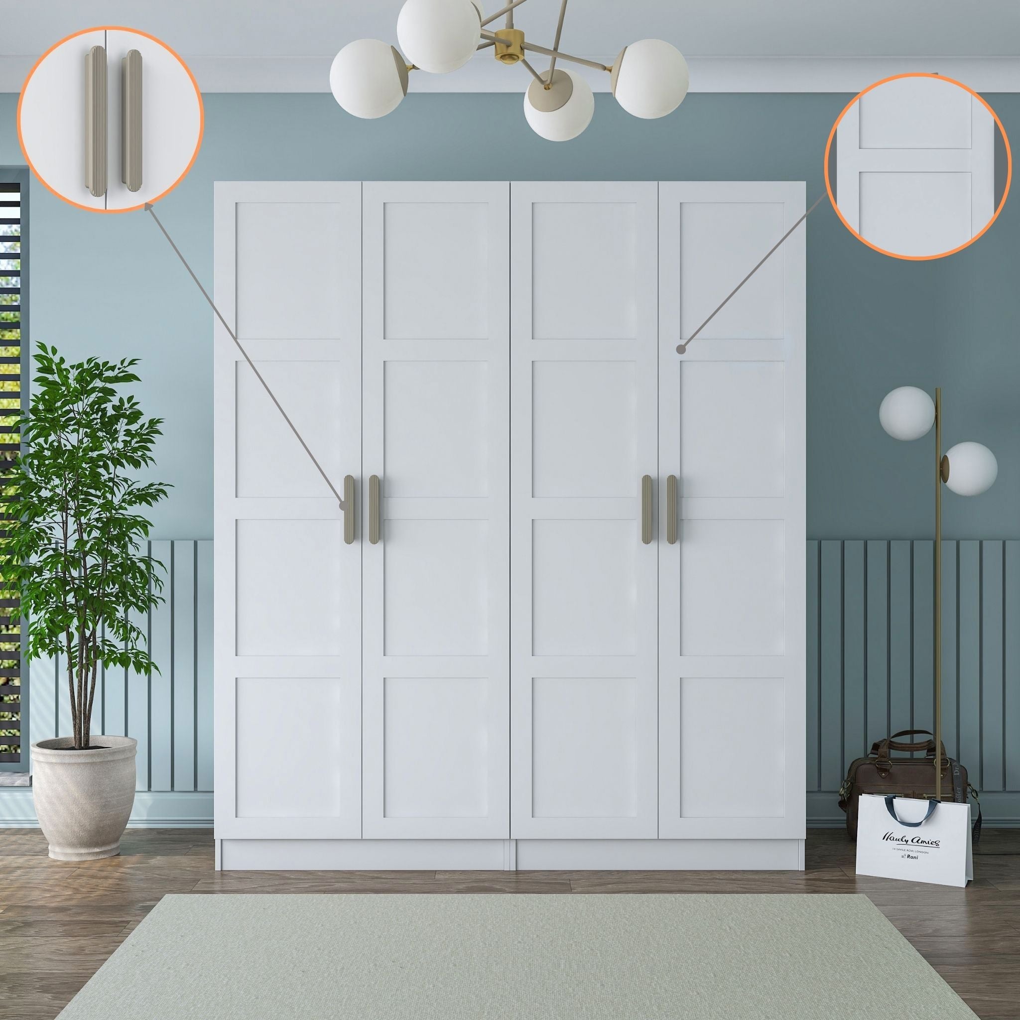 Rani BA194 beyaz gardırop 4 kapaklı membran kapaklı elbise dolabı