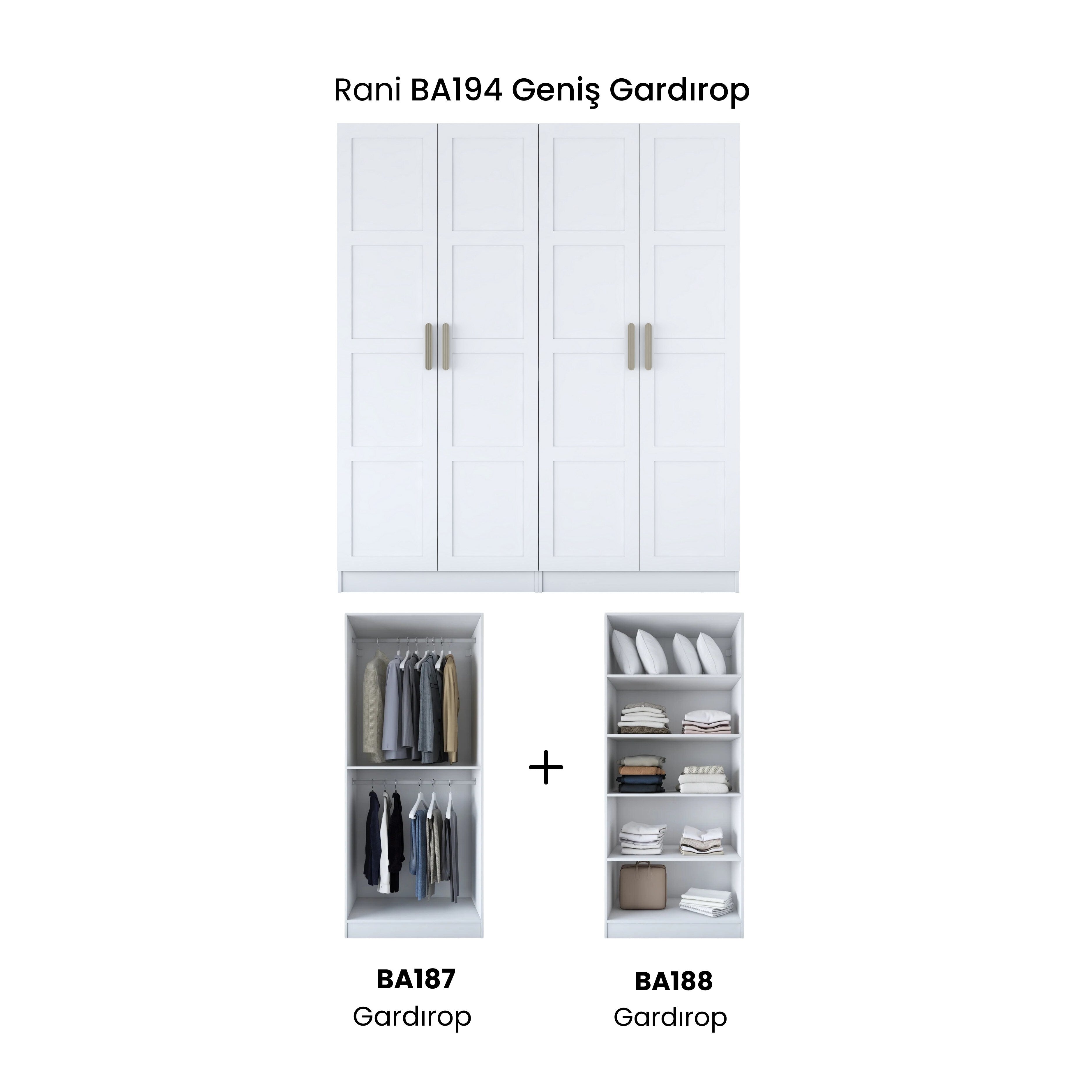 Rani BA194 beyaz gardırop 4 kapaklı membran kapaklı elbise dolabı