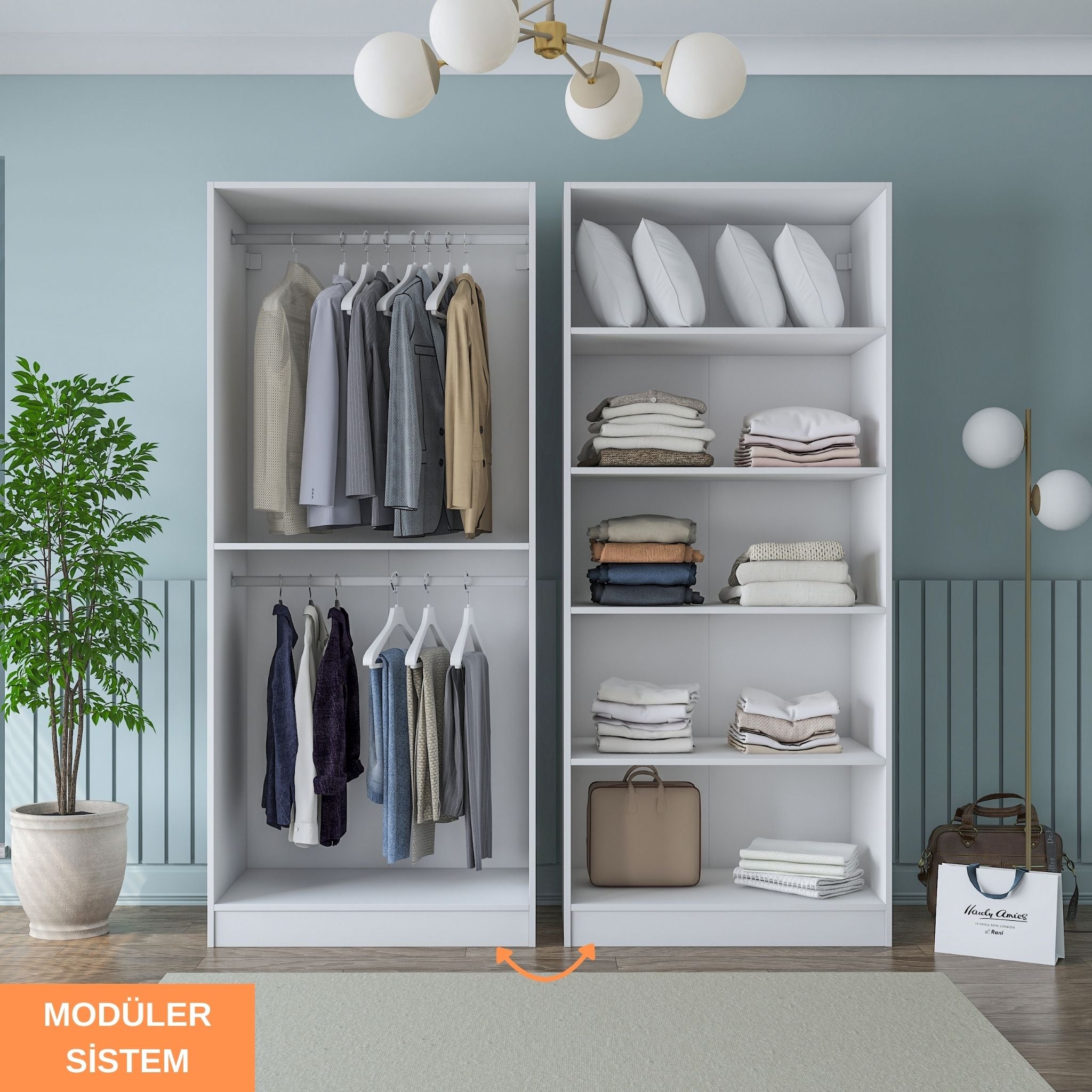 Rani BA194 beyaz gardırop 4 kapaklı membran kapaklı elbise dolabı