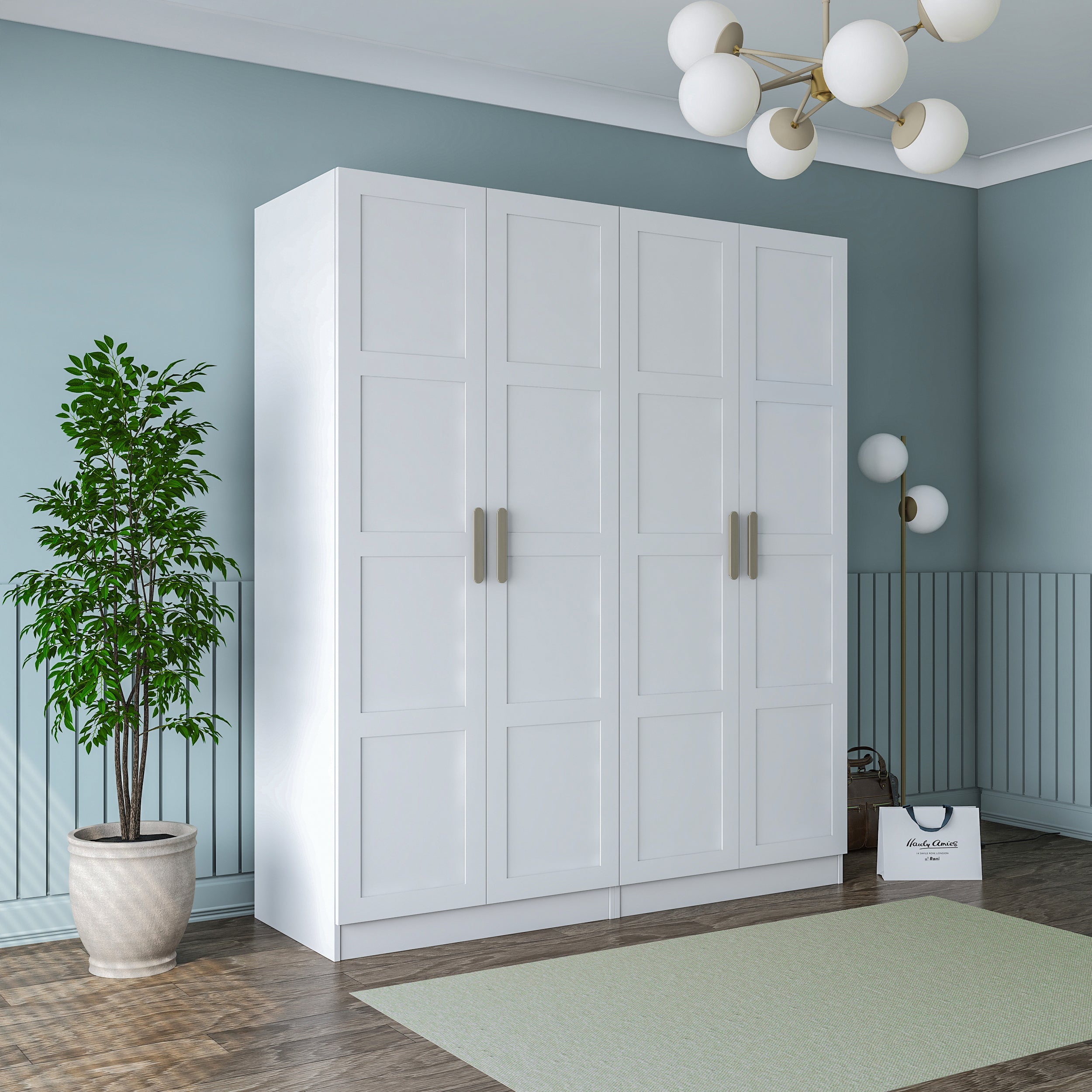 Rani BA194 beyaz gardırop 4 kapaklı membran kapaklı elbise dolabı