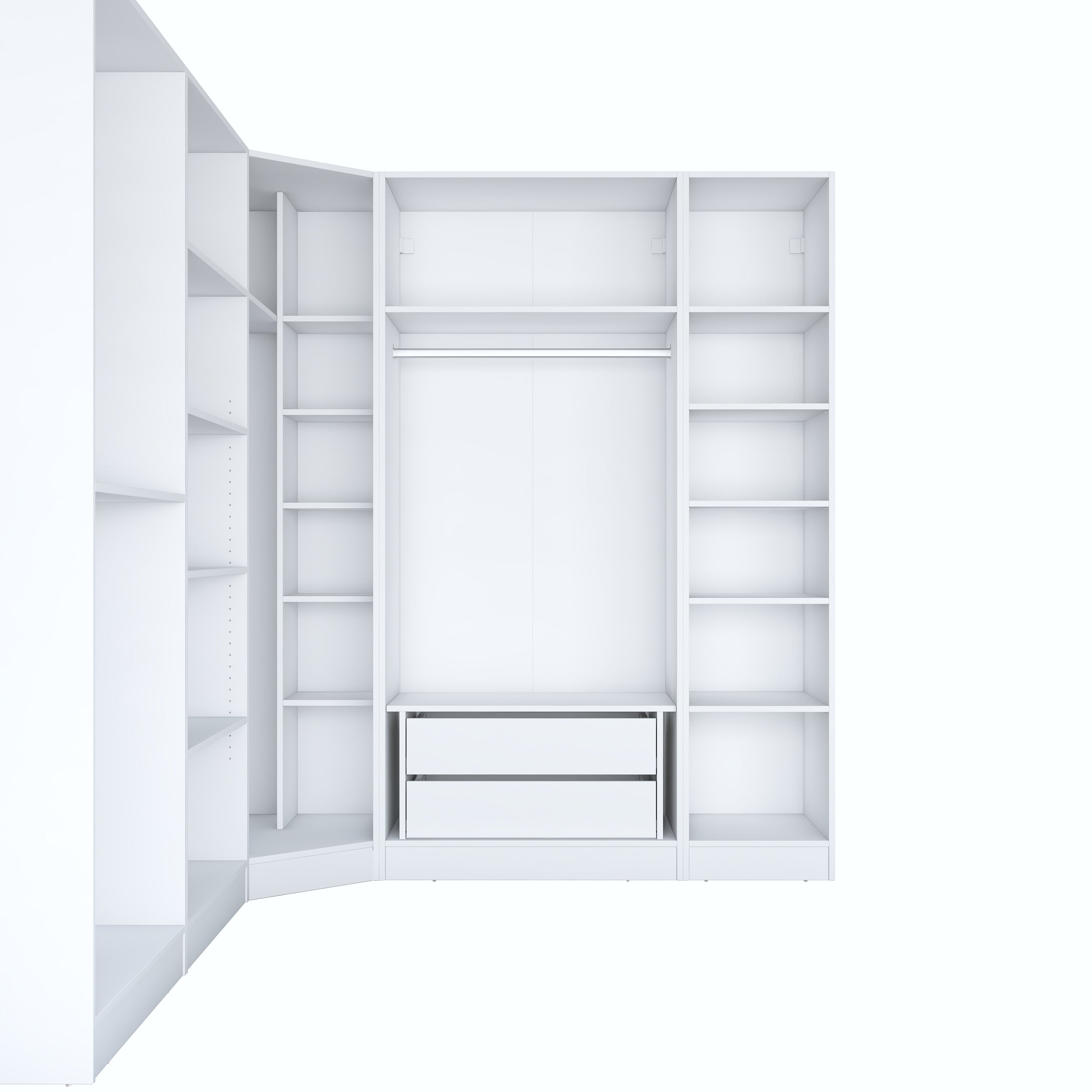 Rani BA206 Geniş Köşe Modül Membran Kapaklı Gardırop 2 Çekmeceli 18 Raflı 4 Askılı 8 Kapaklı Modüler Elbise Dolabı Beyaz