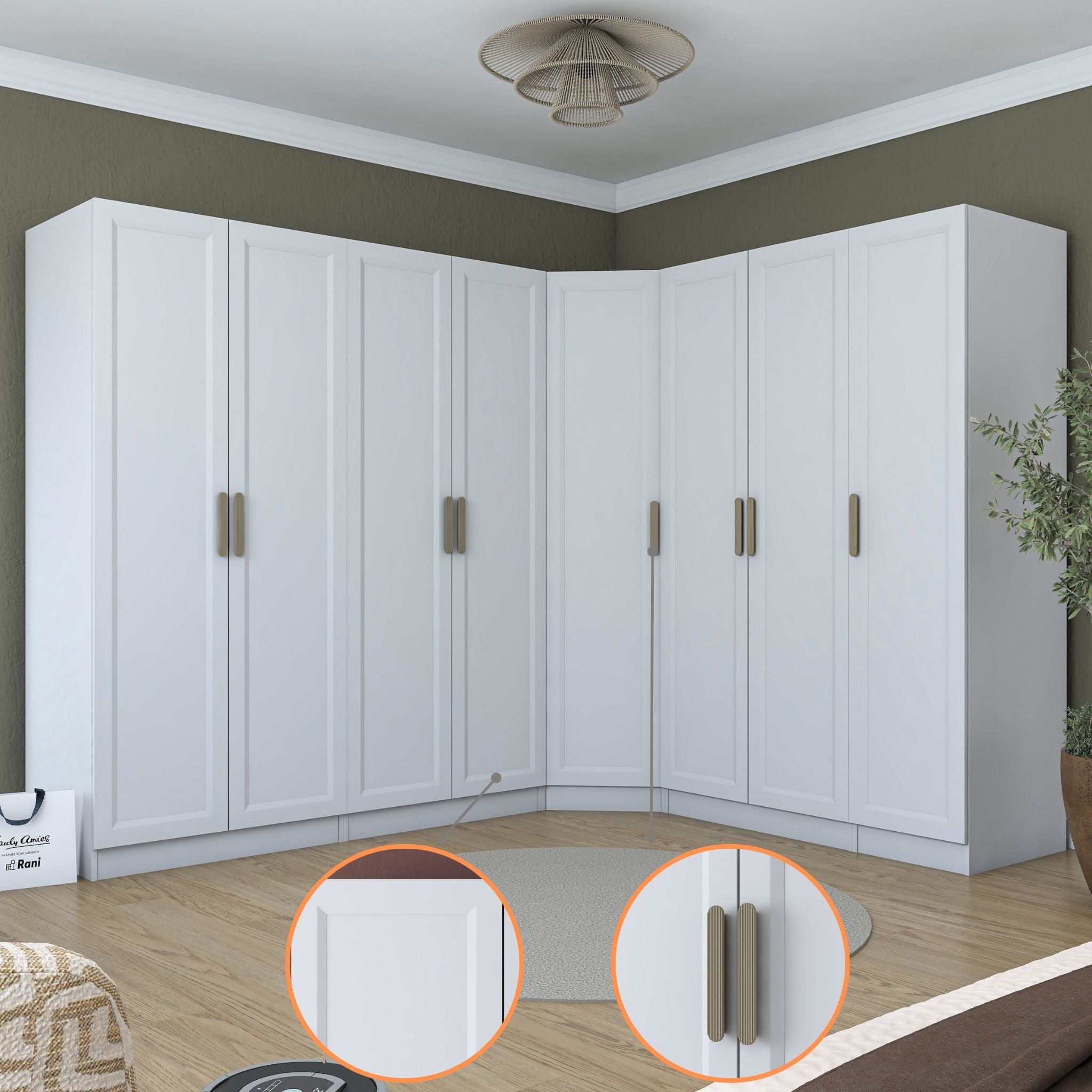 Rani BA206 Geniş Köşe Modül Membran Kapaklı Gardırop 2 Çekmeceli 18 Raflı 4 Askılı 8 Kapaklı Modüler Elbise Dolabı Beyaz