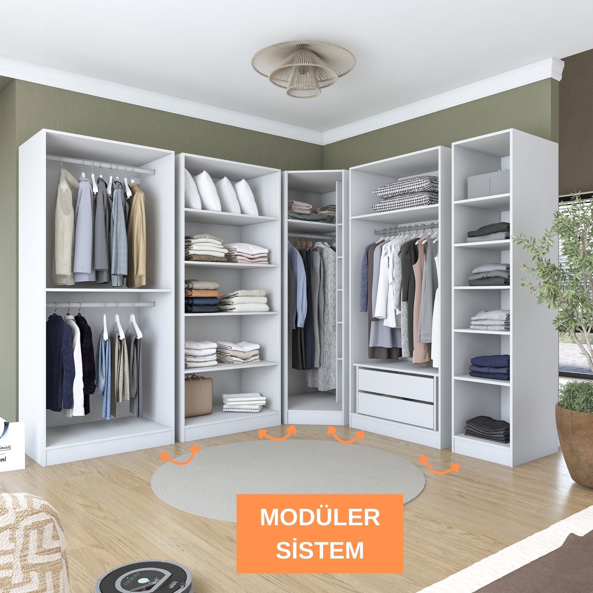 Rani BA206 Geniş Köşe Modül Membran Kapaklı Gardırop 2 Çekmeceli 18 Raflı 4 Askılı 8 Kapaklı Modüler Elbise Dolabı Beyaz