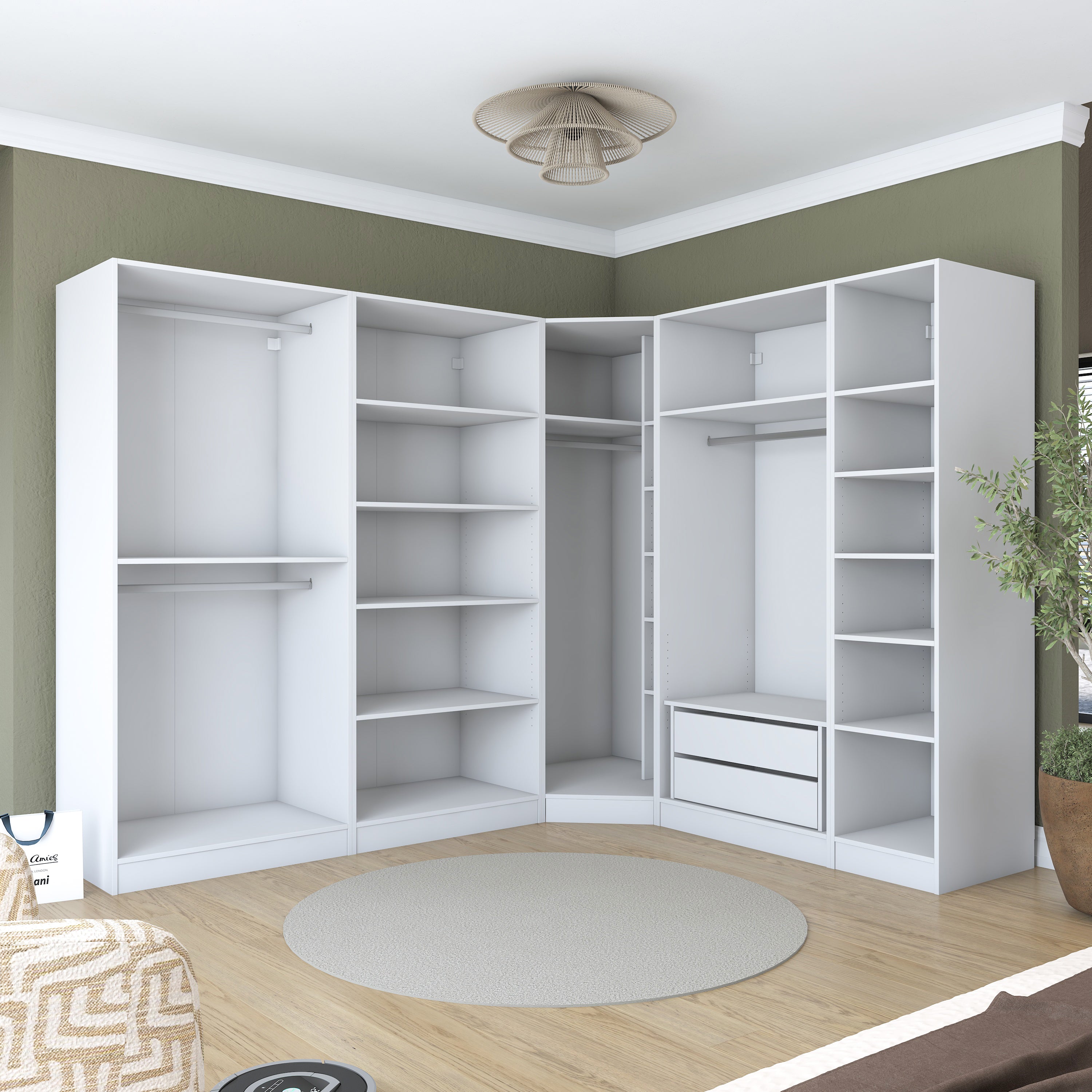 Rani BA206 Geniş Köşe Modül Membran Kapaklı Gardırop 2 Çekmeceli 18 Raflı 4 Askılı 8 Kapaklı Modüler Elbise Dolabı Beyaz