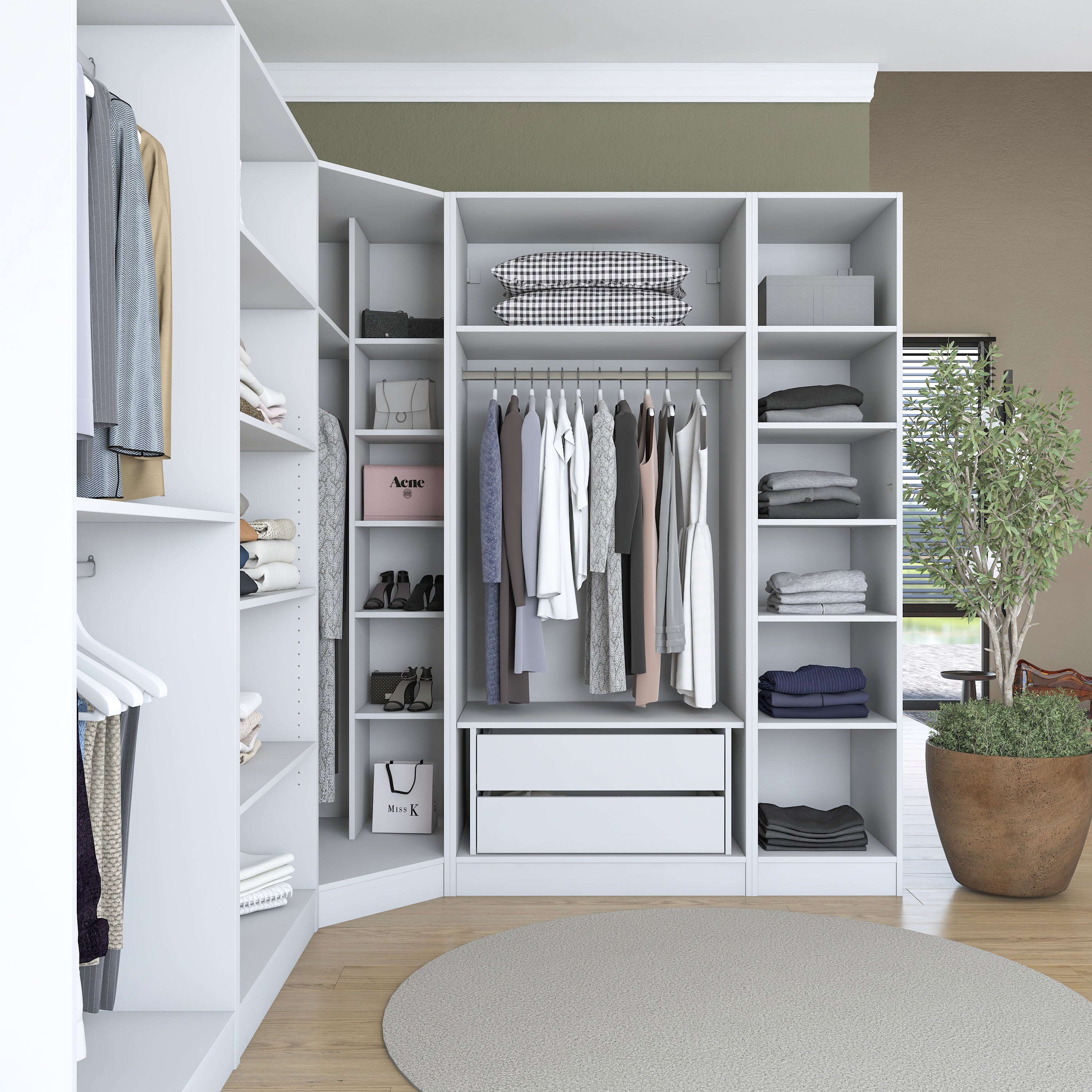 Rani BA206 Geniş Köşe Modül Membran Kapaklı Gardırop 2 Çekmeceli 18 Raflı 4 Askılı 8 Kapaklı Modüler Elbise Dolabı Beyaz