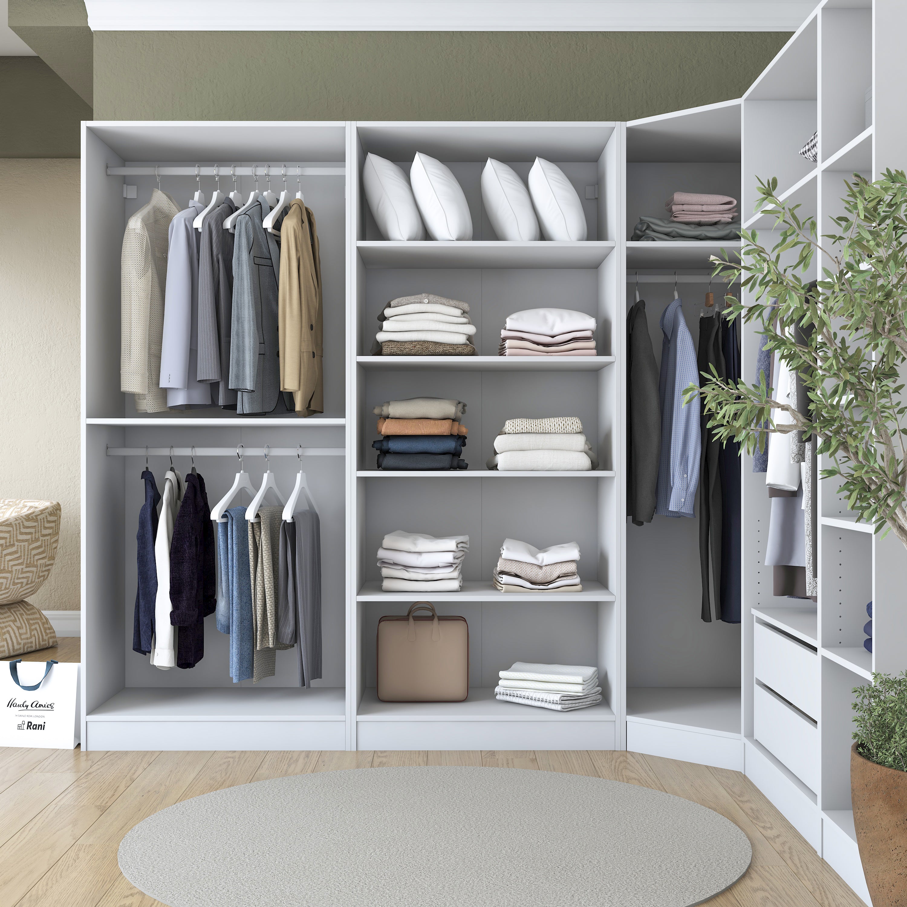 Rani BA206 Geniş Köşe Modül Membran Kapaklı Gardırop 2 Çekmeceli 18 Raflı 4 Askılı 8 Kapaklı Modüler Elbise Dolabı Beyaz