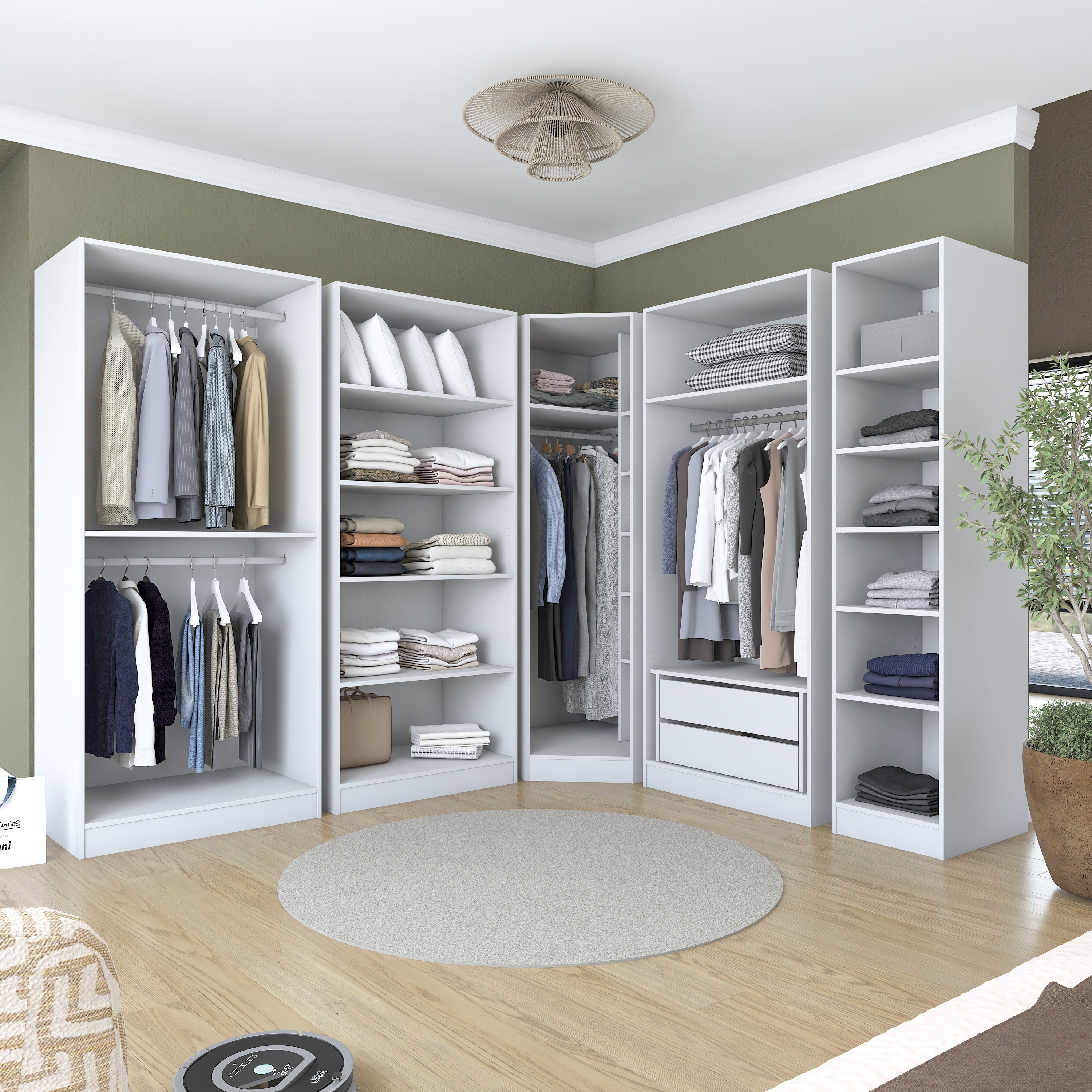 Rani BA206 Geniş Köşe Modül Membran Kapaklı Gardırop 2 Çekmeceli 18 Raflı 4 Askılı 8 Kapaklı Modüler Elbise Dolabı Beyaz